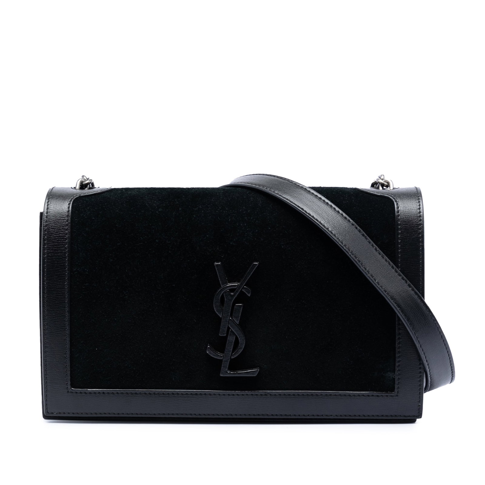 Saint Laurent Monogram Book Bag in Black Suede Leather: Saint Laurent Monogram Book Bag in Black Suede Leather Saint Laurent Suede Monogram Book Bag crafted with a suede body and leather trim. The bag features a chain strap with a leather guard, a flap wit