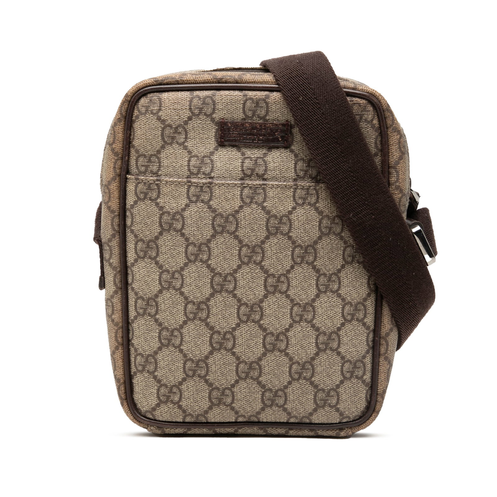 Gucci GG Supreme coated canvas crossbody bag with leather trim: Gucci GG Supreme coated canvas crossbody bag with leather trim Gucci GG Supreme crossbody bag crafted with a coated canvas body and leather trim. It features an adjustable flat shoulder strap, a top z