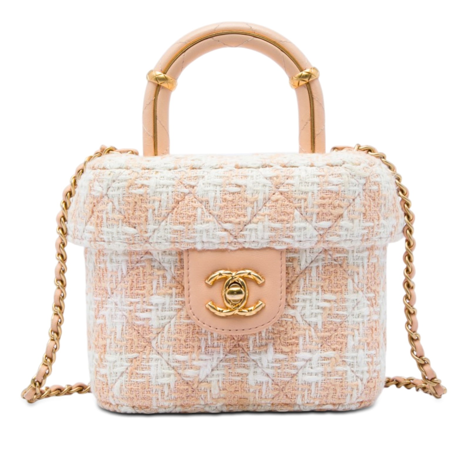 Chanel Mini Crush Tweed Top Handle Satchel Beige: Chanel Mini Crush Tweed Top Handle Satchel Beige A compact Chanel Mini Tweed Crush Top Handle Bag in beige, designed with a tweed body, rolled leather top handle, and a leather-woven chain link strap 