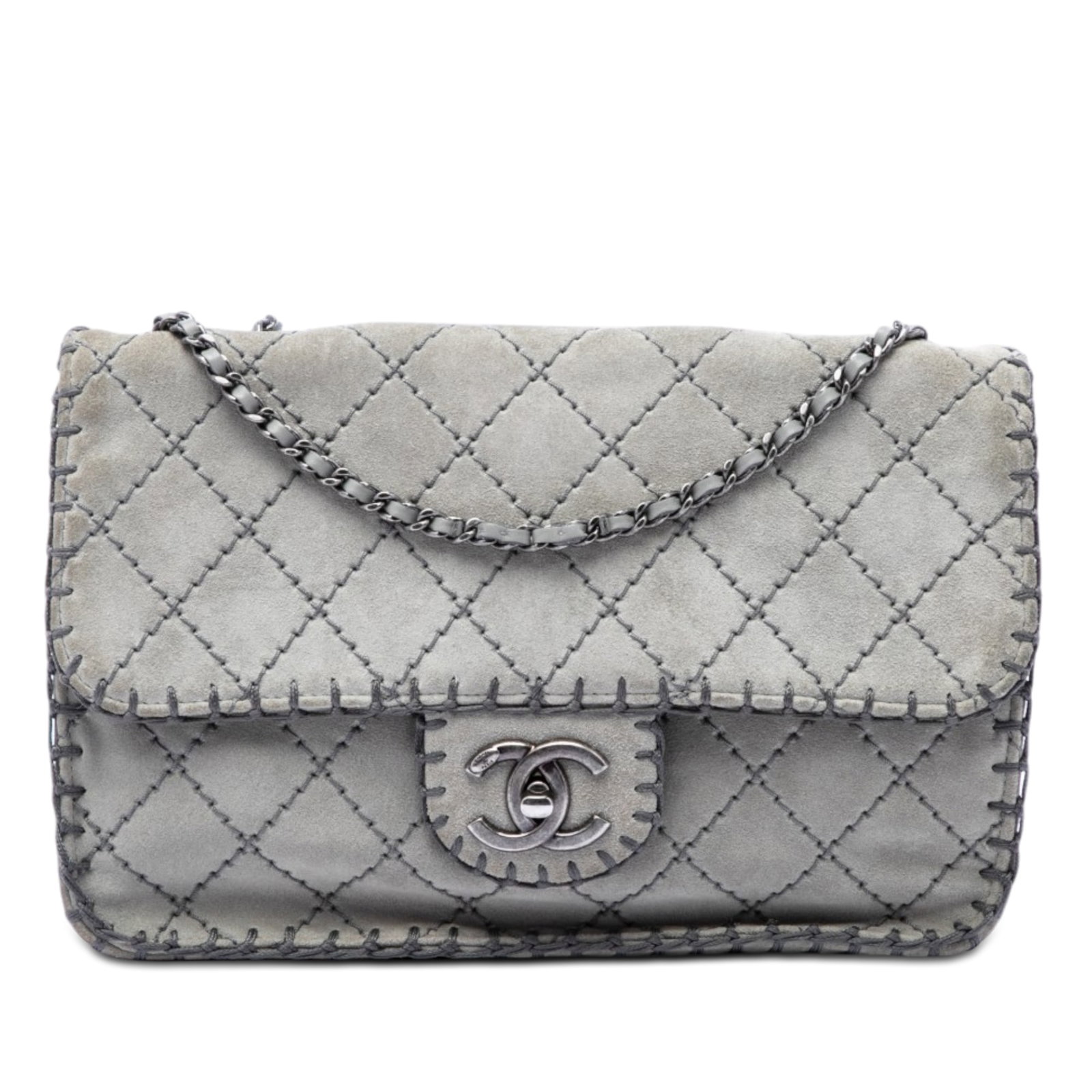 Chanel Medium CC Single Flap Shoulder Bag Quilted Suede: Chanel Medium CC Single Flap Shoulder Bag Quilted Suede A Chanel Medium CC Quilted Suede Whipstitch Single Flap shoulder bag in gray. This bag features a quilted suede leather body, leather-woven chai