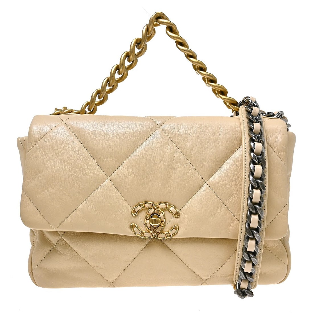 CHANEL 19 Beige Lambskin Shoulder Bag with Chain Strap: CHANEL 19 Beige Lambskin Shoulder Bag with Chain Strap Chanel 19 large 2-way handbag in beige lambskin leather with a turn-lock closure, logo accents, and chain strap. This women's shoulder bag featur