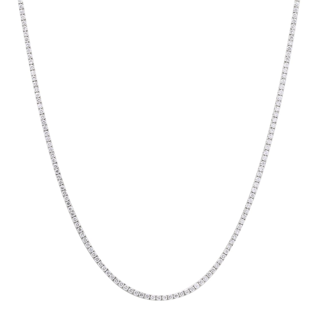 14K White Gold Tennis Necklace 9.35 ctw Lab Grown Diamonds 18 IN: 14K White Gold Tennis Necklace 9.35 ctw Lab Grown Diamonds 18 IN Pre-owned 14K white gold tennis necklace set with lab-grown diamonds. This unisex necklace features round brilliant stones with VS1 cla