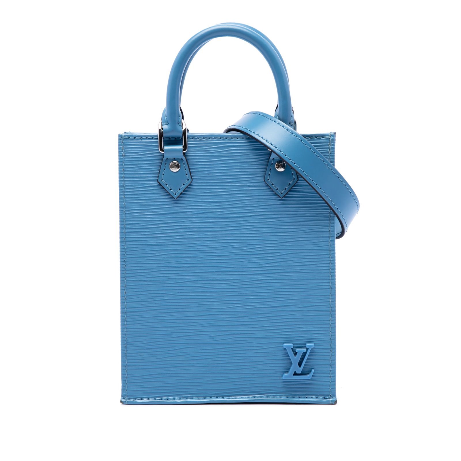 Louis Vuitton Petit Sac Plat blue Epi leather handbag: Louis Vuitton Petit Sac Plat blue Epi leather handbag A compact Louis Vuitton Epi Petit Sac Plat in blue leather with a structured silhouette. It features rolled leather handles, a detachable flat str
