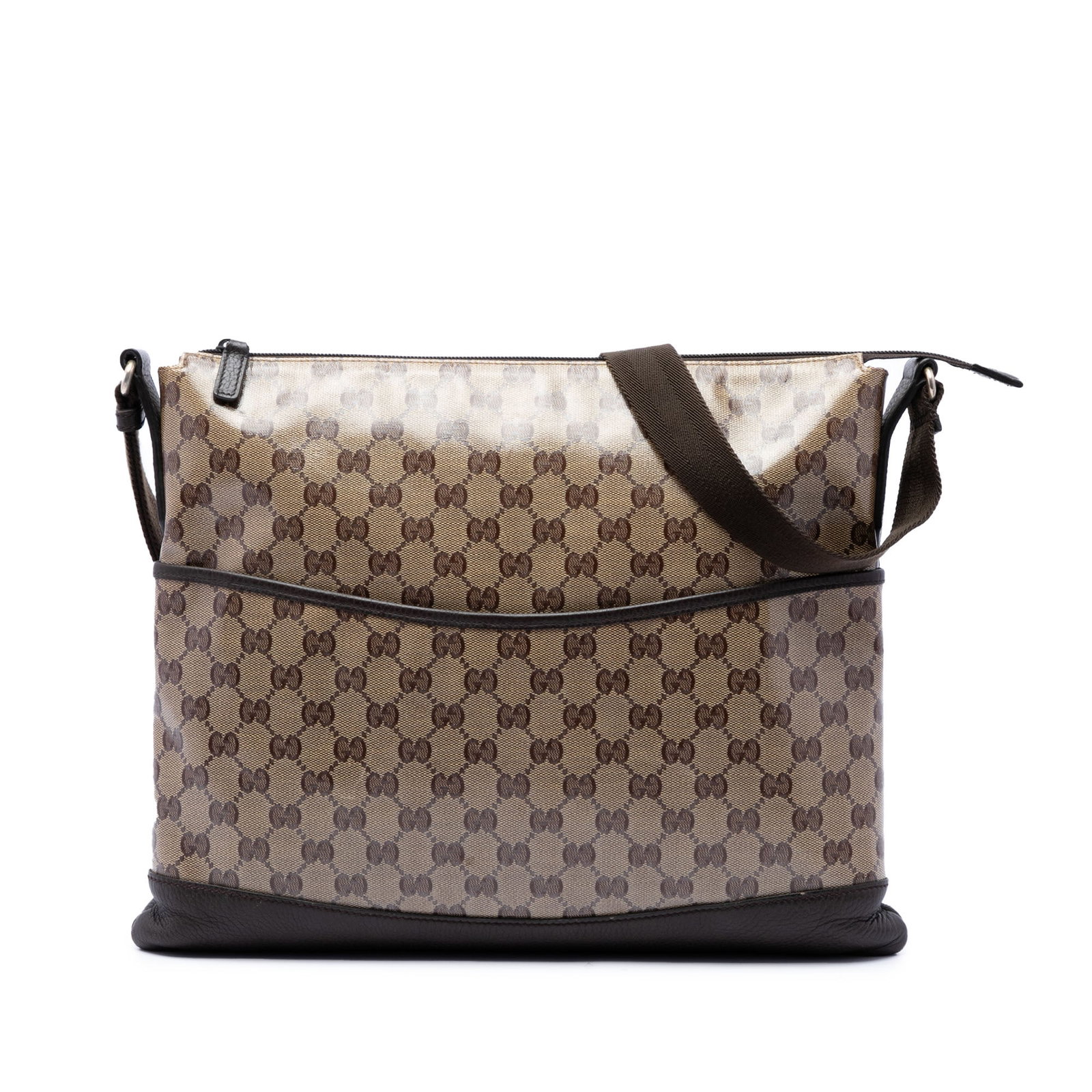 Gucci GG Crystal Beige Coated Canvas Crossbody Bag: Gucci GG Crystal Beige Coated Canvas Crossbody Bag Gucci GG Crystal Crossbody bag in beige with a coated canvas body and leather trim. The design includes a flat shoulder strap, top zip closure, an ex