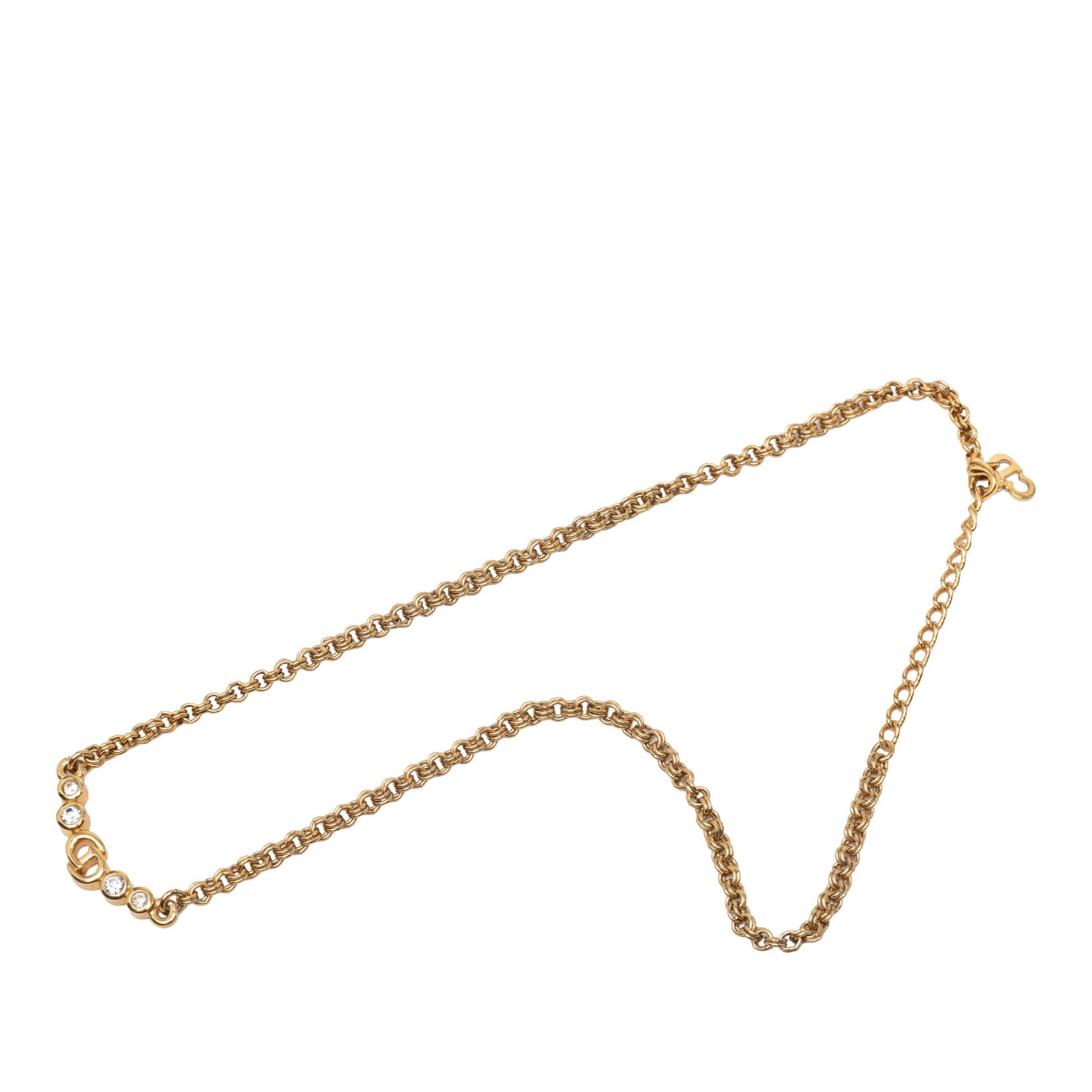 Dior CD Logo Charm Necklace Gold Plated Strass: Dior CD Logo Charm Necklace Gold Plated Strass Dior CD logo charm necklace with rhinestone embellishments and a lobster clasp closure. The piece shows visible wear consistent with prior use, including