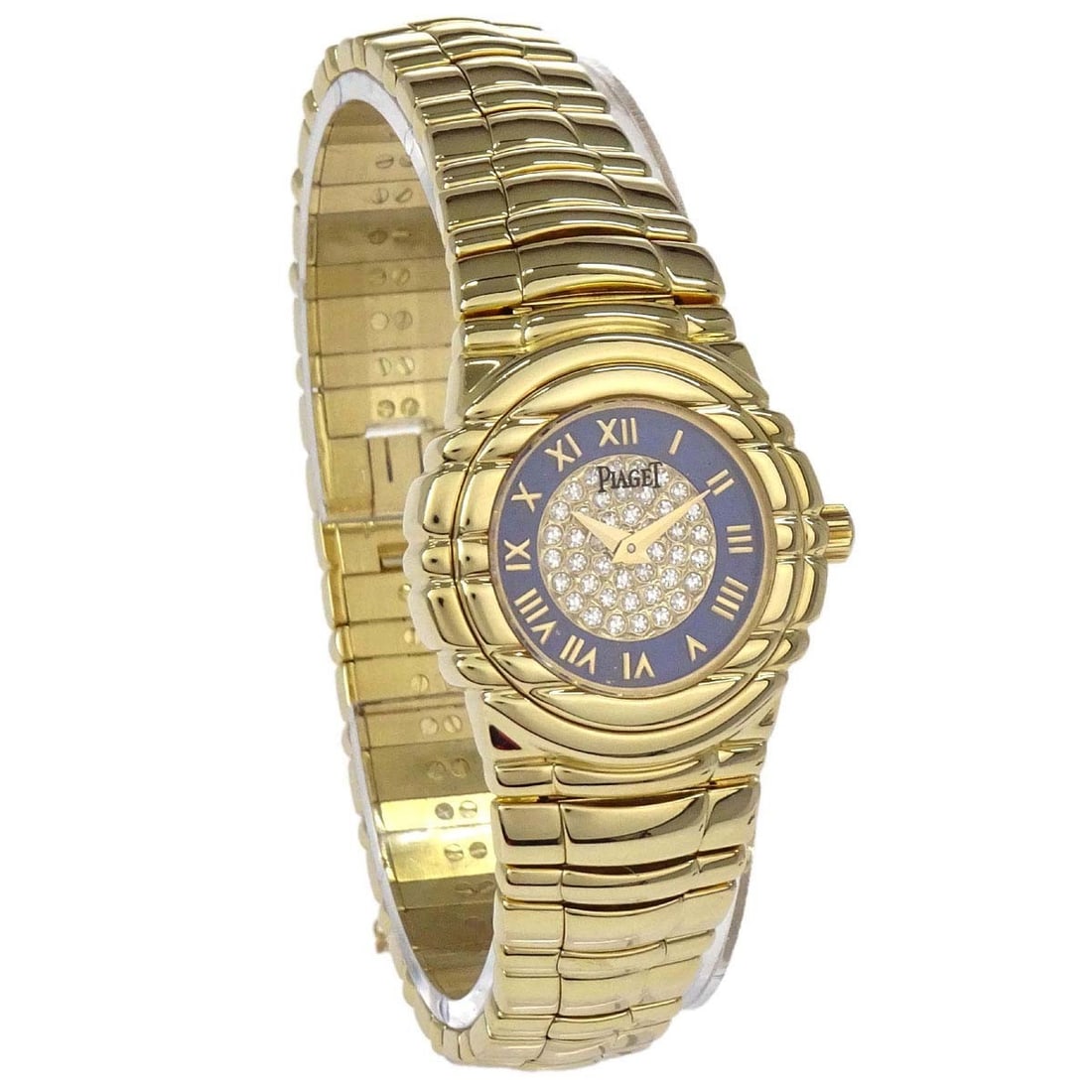 Piaget Tanagra 24mm women's quartz wristwatch in 18K yellow gold: Piaget Tanagra 24mm women's quartz wristwatch in 18K yellow gold Piaget Tanagra women's wristwatch with a 24 mm round case, quartz movement, and analog display. It features a blue dial, gold case and 