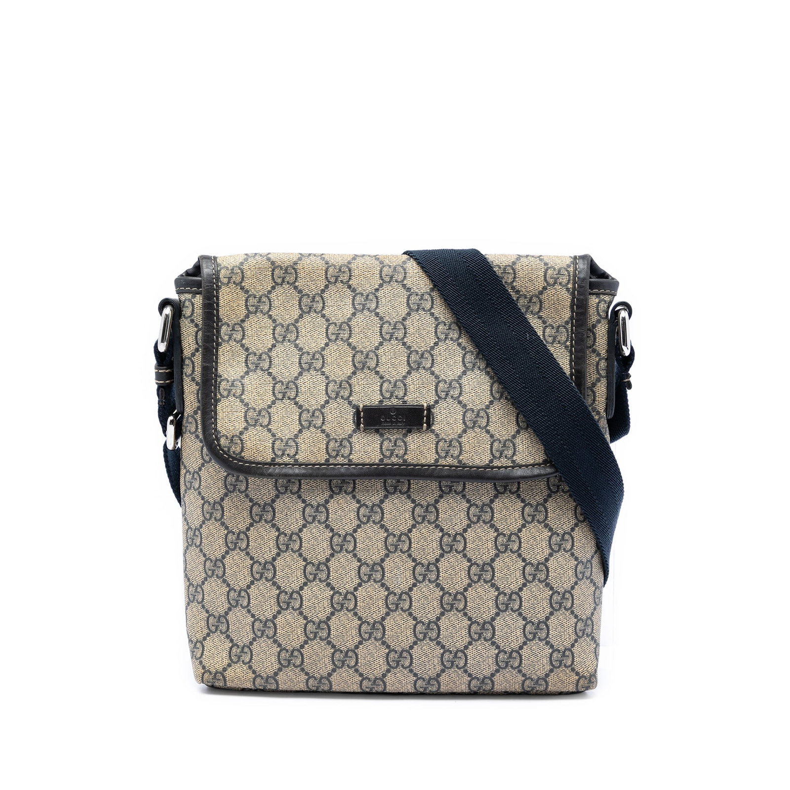 Gucci GG Supreme coated canvas crossbody bag: Gucci GG Supreme coated canvas crossbody bag Gucci GG Supreme Crossbody bag crafted with a coated canvas body and leather trim. It features an adjustable flat canvas shoulder strap, a front flap with 