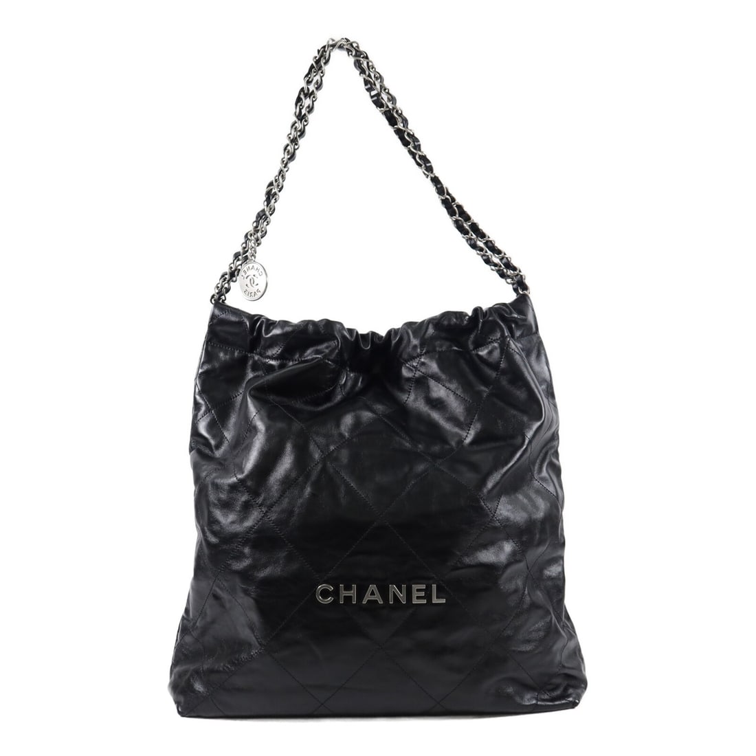 CHANEL C22 CC Chain Shoulder Bag Black Calfskin Leather Large: CHANEL C22 CC Chain Shoulder Bag Black Calfskin Leather Large Large Chanel C22 chain shoulder bag in black calfskin leather with silver-tone CC hardware. This women's shoulder bag features a magnetic 