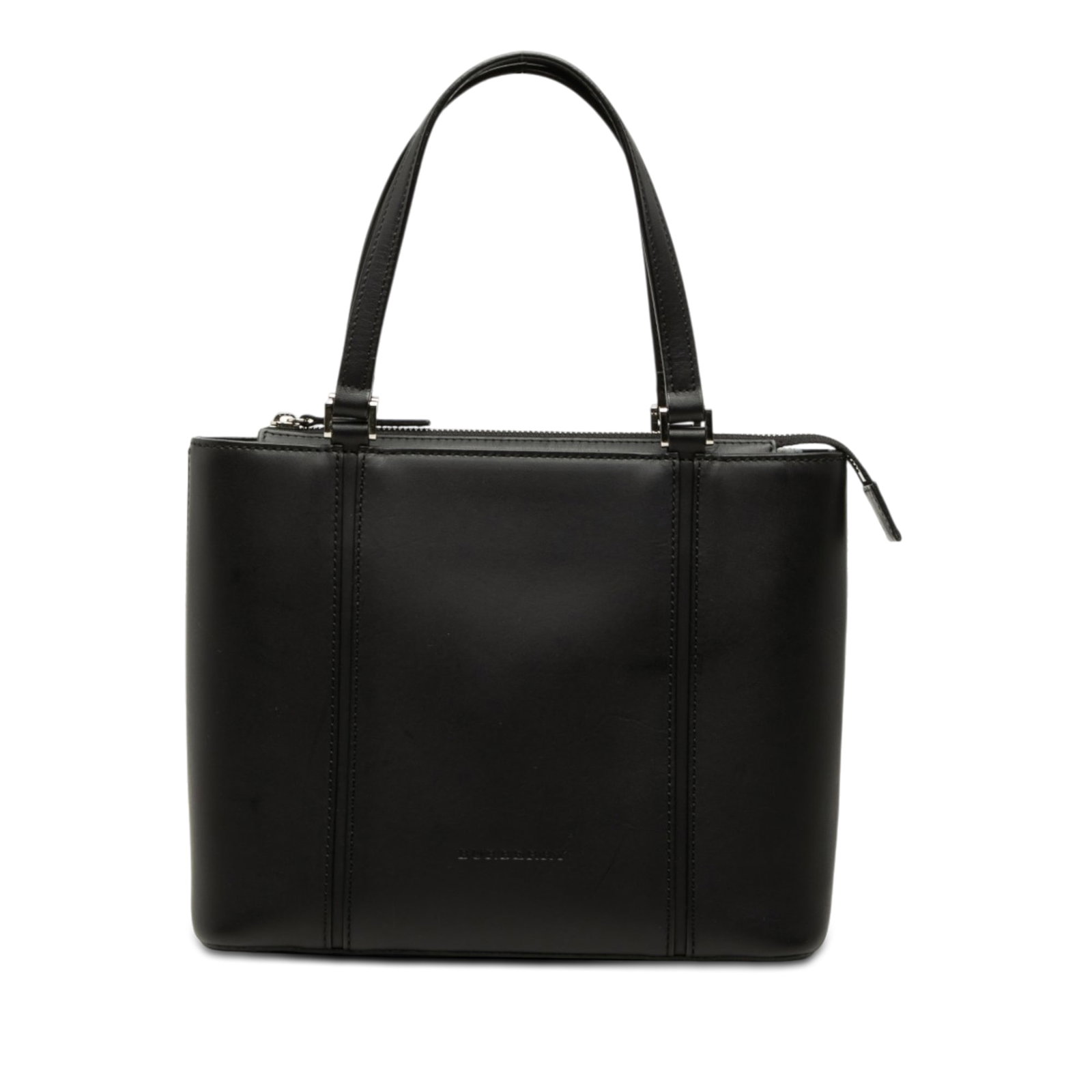 Burberry Leather Handbag Black Leather Zip Top Bag: Burberry Leather Handbag Black Leather Zip Top Bag Black Burberry leather handbag made in Italy with flat leather handles, a top zip closure, and interior zip and slip pockets. The bag shows visible w