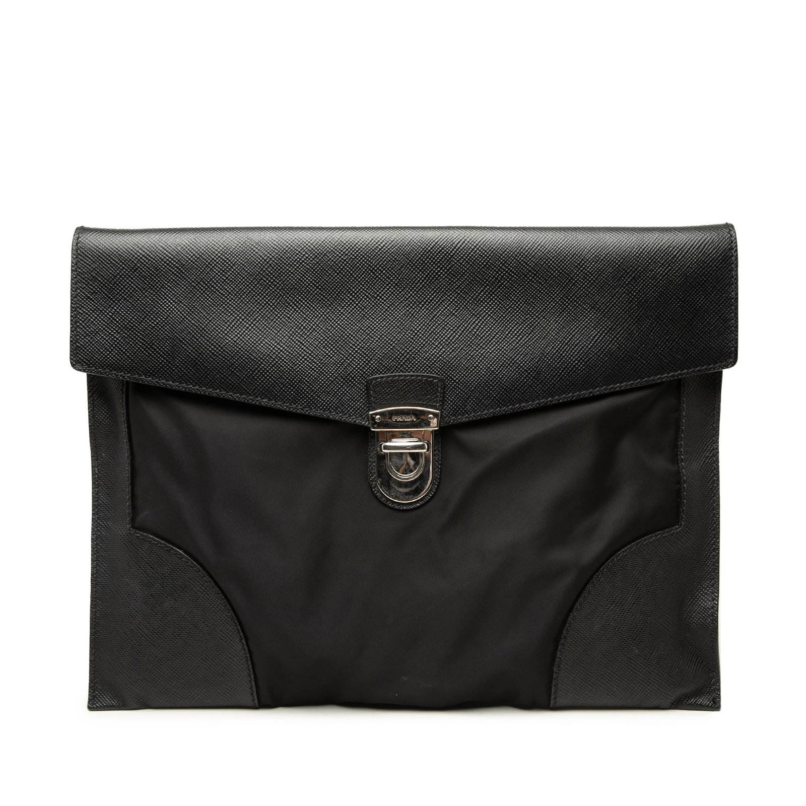 Prada Tessuto Clutch Bag with Saffiano Trim Black: Prada Tessuto Clutch Bag with Saffiano Trim Black Prada clutch bag crafted with a nylon body and saffiano leather trim. It features a top flap with push-lock and top zip closure, an exterior back zip 
