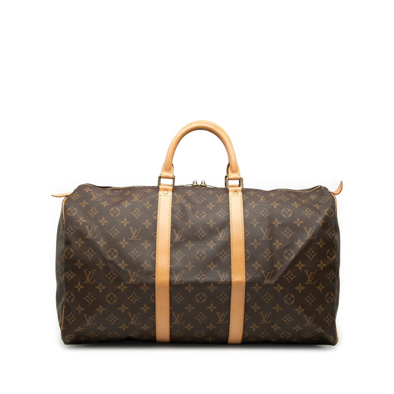 Louis Vuitton Keepall 50 Monogram Canvas Duffle Bag: Louis Vuitton Keepall 50 Monogram Canvas Duffle Bag Louis Vuitton Monogram Keepall 50 travel bag crafted with a monogram canvas body, rolled vachetta leather handles, and a top zip closure. Made in Fr