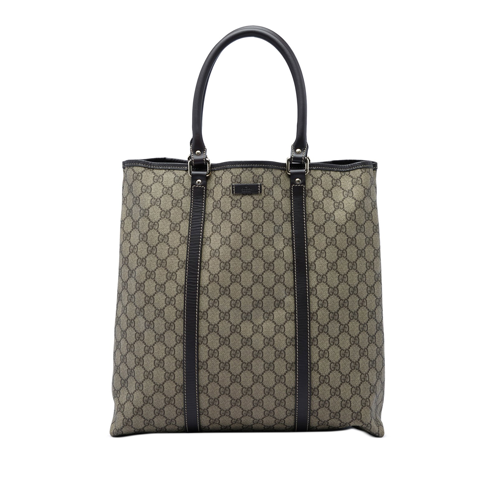 Gucci GG Supreme Joy Vertical Tote Beige Coated Canvas Bag: Gucci GG Supreme Joy Vertical Tote Beige Coated Canvas Bag Gucci GG Supreme Joy Vertical Tote in beige with a coated canvas body and leather trim. This tote features rolled leather handles, an open to