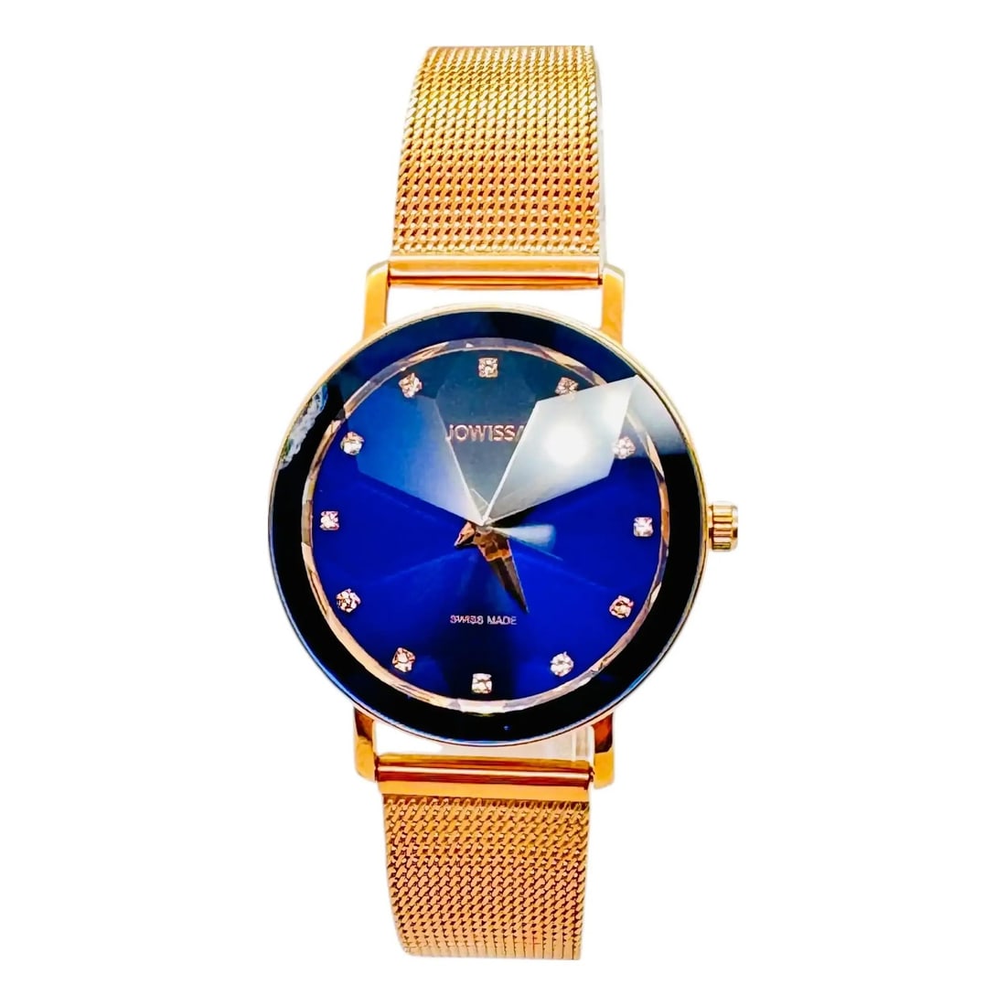 Jowissa Facet Strass Blue Dial Ladies Quartz Mesh Watch: Jowissa Facet Strass Blue Dial Ladies Quartz Mesh Watch This Jowissa Facet Strass ladies wristwatch features a 30mm round stainless steel case with a rose gold PVD finish and a striking blue dial acce