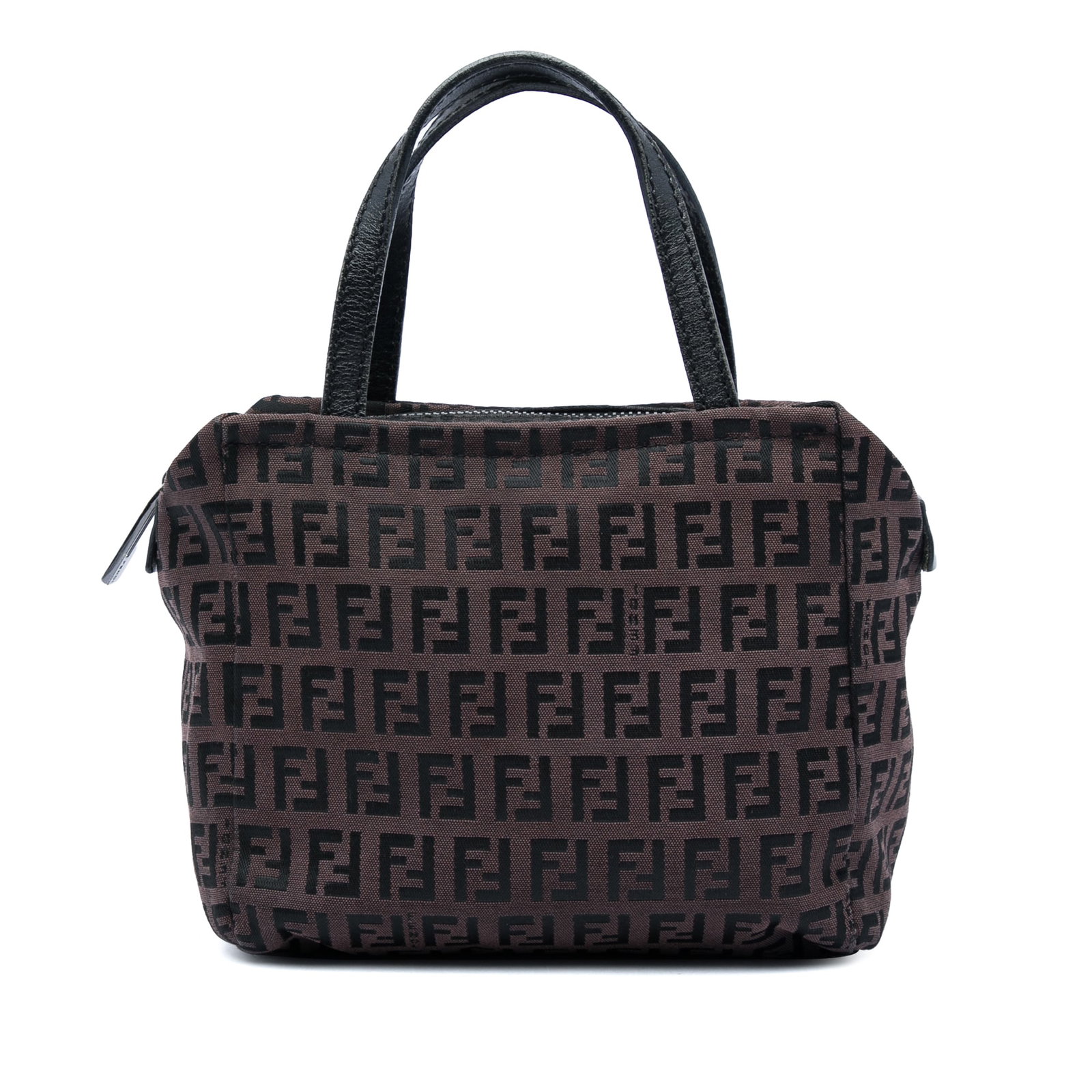 Fendi Zucchino Brown Canvas Zip Top Handbag: Fendi Zucchino Brown Canvas Zip Top Handbag A Fendi Zucchino canvas handbag with a compact silhouette, flat leather handles, top zip closure, and an interior slip pocket. Made in Italy, this brown bag