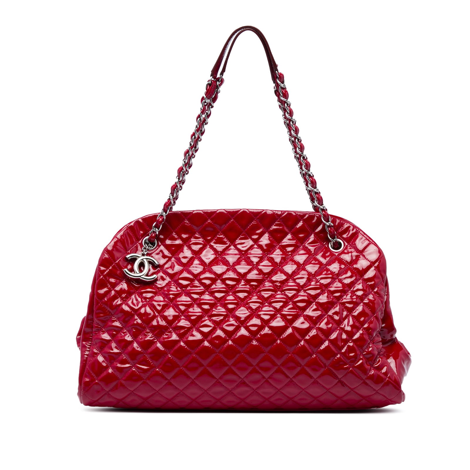 Chanel Just Mademoiselle Maxi Patent Quilted Bowling Bag Red: Chanel Just Mademoiselle Maxi Patent Quilted Bowling Bag Red A Chanel Just Mademoiselle bowling bag in red quilted patent leather with chain link straps and leather guards. The bag features an open to