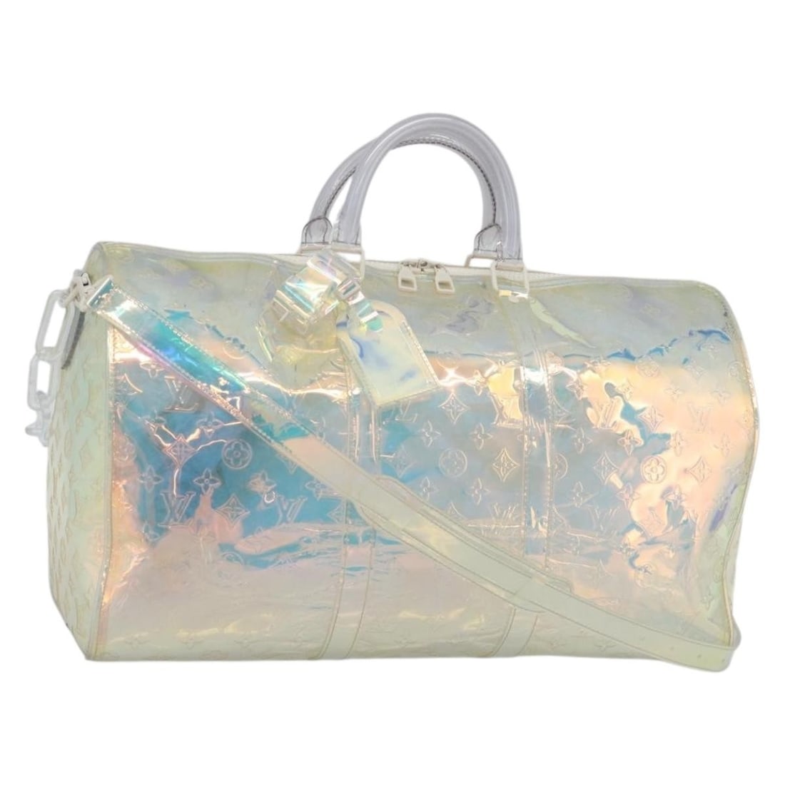 Louis Vuitton M53271 Keepall Bandouliere 50 Clear Monogram Boston Bag: Louis Vuitton M53271 Keepall Bandouliere 50 Clear Monogram Boston Bag Louis Vuitton Monogram Prism Keepall Bandouliere 50 is a Boston bag in clear Monogram Canvas, made in France. It comes with a dust