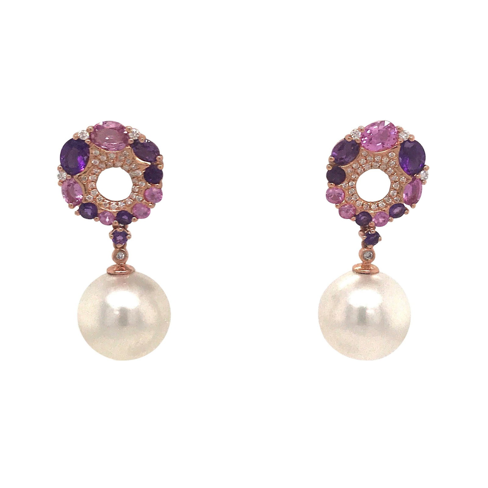 18K White Gold Drop Earrings with Pink Sapphire Amethyst Pearl and Diamond: 18K White Gold Drop Earrings with Pink Sapphire Amethyst Pearl and Diamond Contemporary 18K white gold drop earrings set with pink sapphires, amethysts, round brilliant diamonds, and pink freshwater p