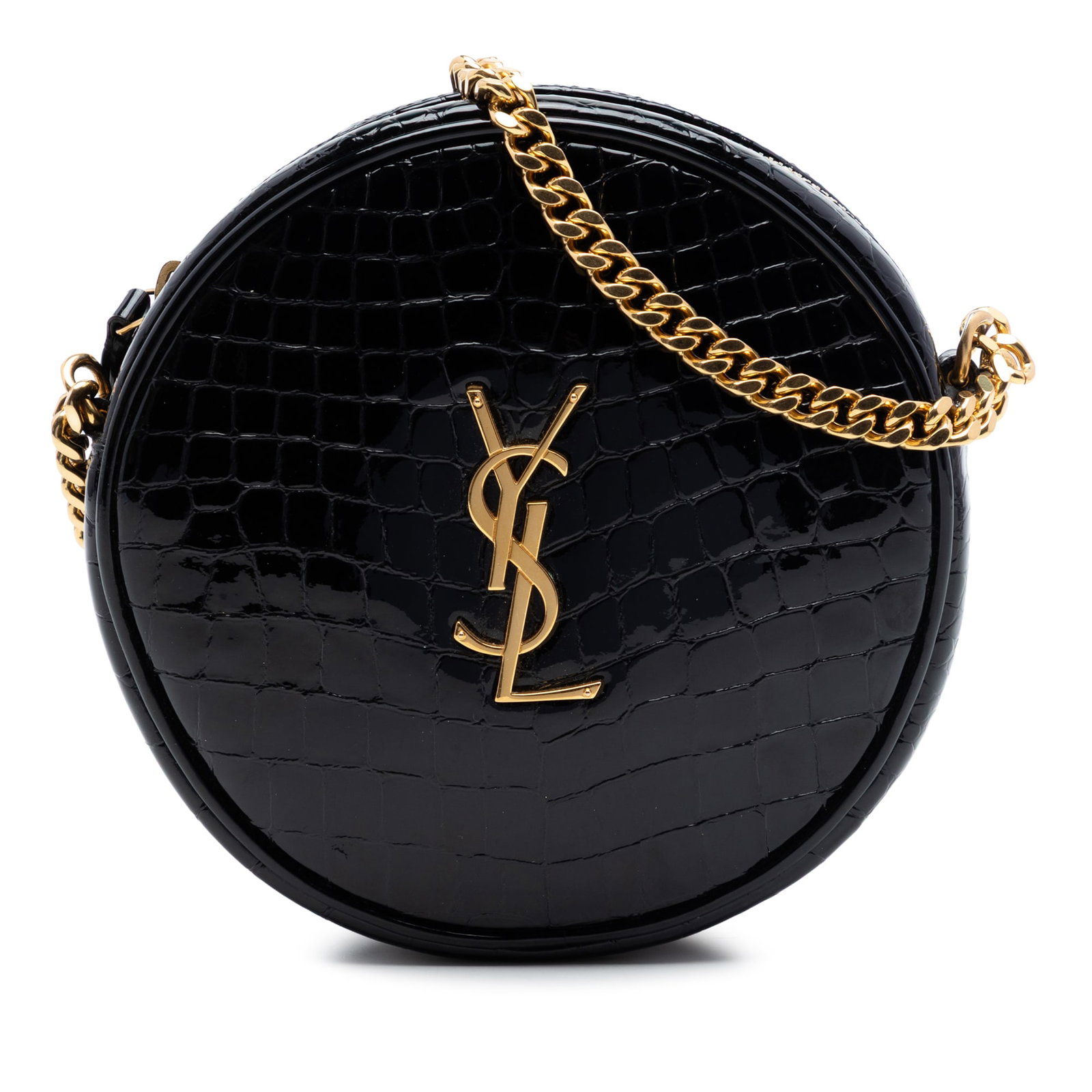 Saint Laurent Round Vinyle Camera Crossbody in Black Croc Patent Leather: Saint Laurent Round Vinyle Camera Crossbody in Black Croc Patent Leather Black crossbody bag with an embossed patent leather body, gold-tone chain strap with leather guard, top zip closure, and an int