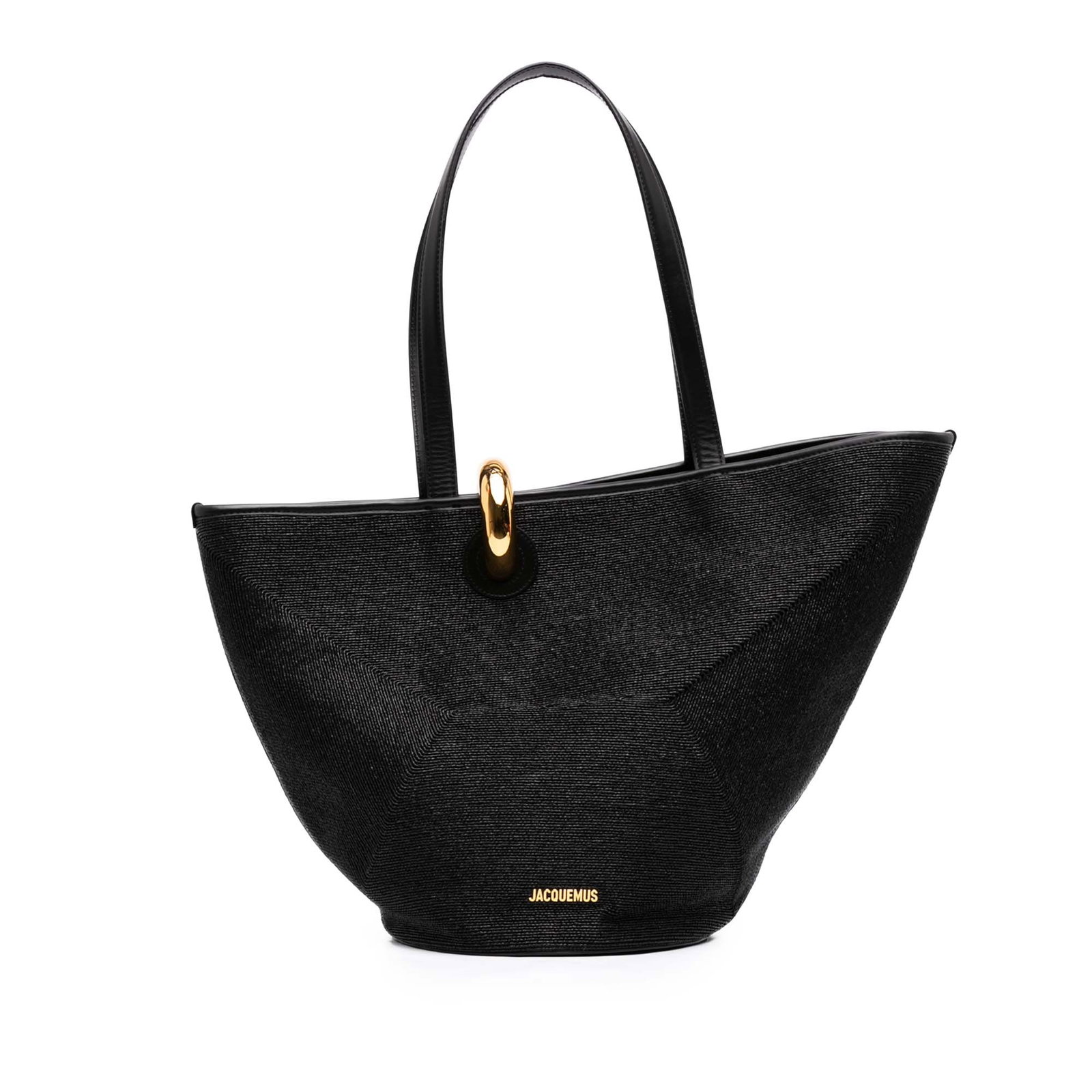 Jacquemus Le Bambola Bucket Bag in Raffia Effect Nylon Polyester: Jacquemus Le Bambola Bucket Bag in Raffia Effect Nylon Polyester Jacquemus Le Bambola bucket bag in raffia-effect nylon and polyester with leather trim and flat leather straps. The open top features a