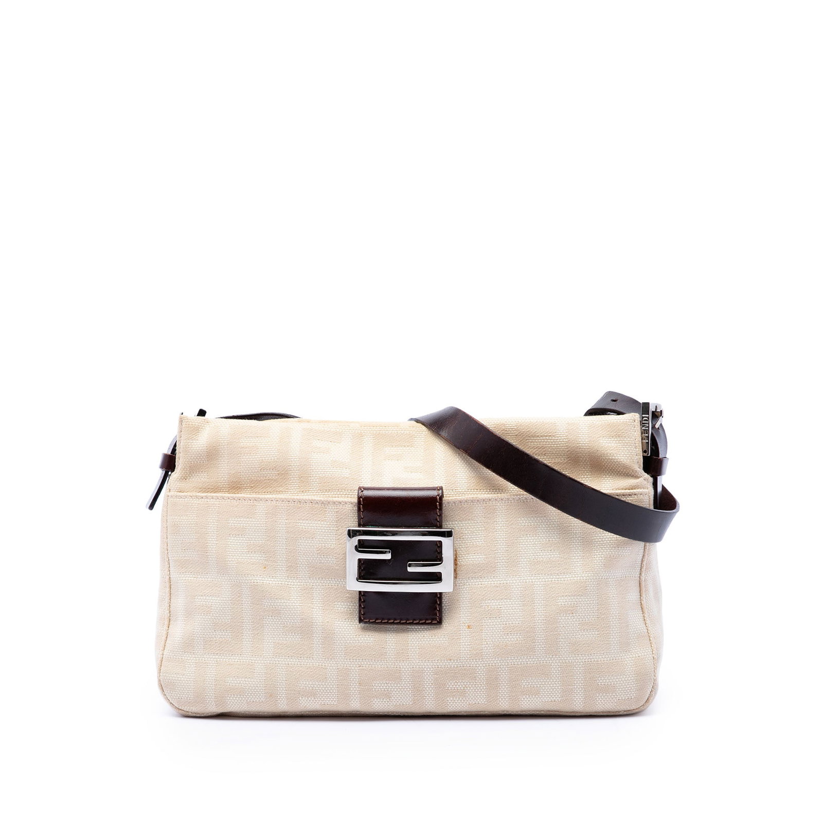Fendi Zucca Canvas Zip Shoulder Handbag Beige Leather Trim: Fendi Zucca Canvas Zip Shoulder Handbag Beige Leather Trim Fendi Zucca canvas shoulder bag with an adjustable flat leather strap, top zip closure, exterior slip pocket with a flat leather strap and ma