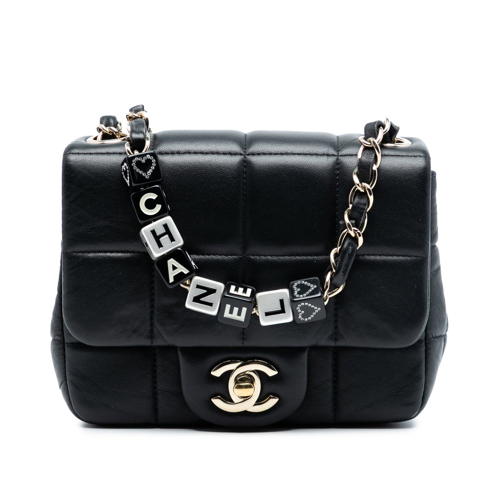 Chanel Monacoco Mini Square Flap Bag Quilted Black Lambskin: Chanel Monacoco Mini Square Flap Bag Quilted Black Lambskin This Chanel Mini Square Lambskin Resin Crystal Monacoco Flap crossbody bag features a quilted leather exterior in black, a leather-woven cha