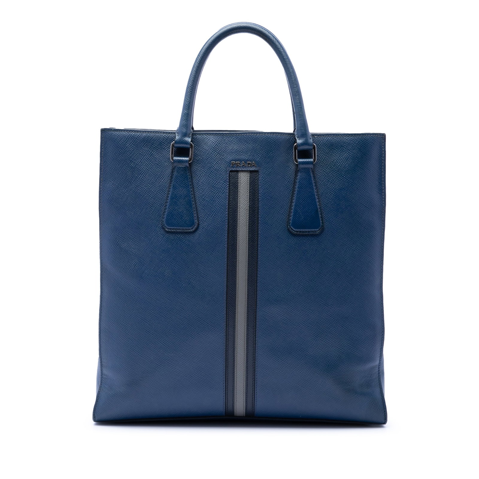 Prada blue leather tote Saffiano Lux from Italy: Prada blue leather tote Saffiano Lux from Italy Prada Saffiano Lux Tote in blue leather with rolled leather handles, an open top, and interior zip and slip pockets. Made in Italy. Condition is B+ with