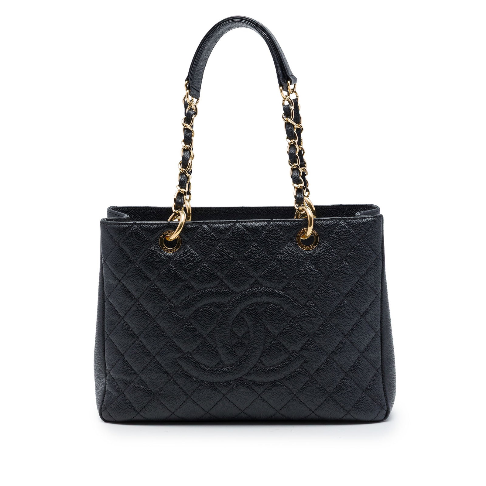 Chanel Grand Shopping Tote in Black Caviar Leather: Chanel Grand Shopping Tote in Black Caviar Leather A Chanel Grand Shopping Tote crafted in black quilted Caviar leather. This tote features leather-woven chain shoulder straps, an open top, an exterio