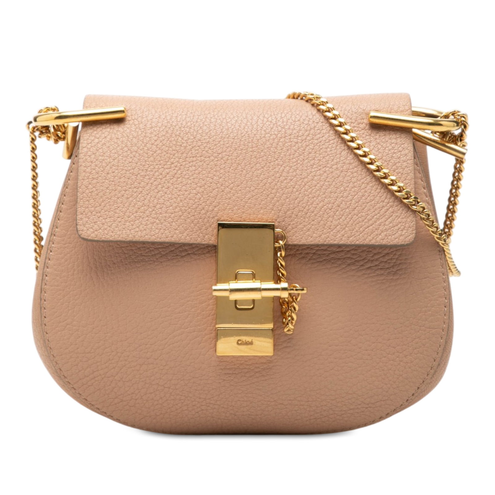 Chloe Drew Mini Pink Leather Crossbody Bag: Chloe Drew Mini Pink Leather Crossbody Bag A Chloe Mini Drew crossbody bag crafted in pink leather with a gold-toned chain strap and a front flap with pin-lock closure. The interior includes a slip po