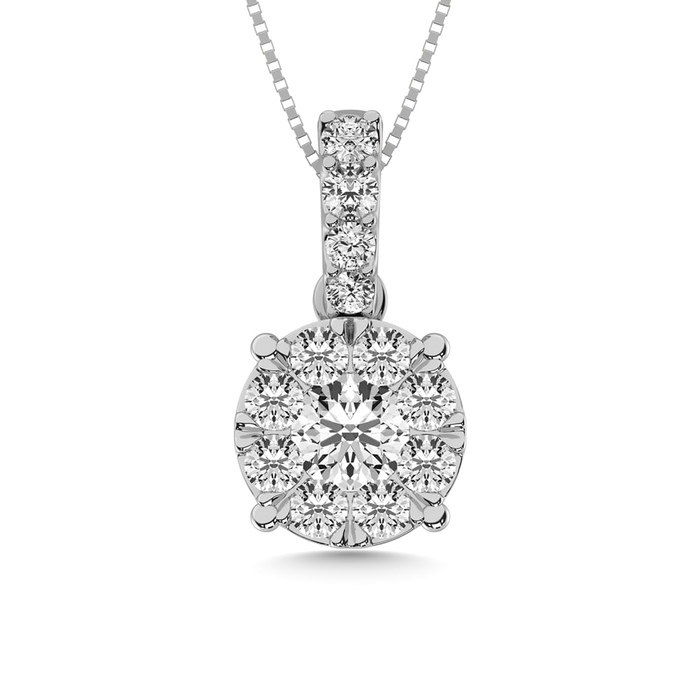 14K White Gold 1/3 Ct.tw Diamond Fashion Pendant: 14K White Gold 1/3 Ct.tw Diamond Fashion Pendant This 14K white gold Pendant showcases 1/3 Ct.Tw. round diamond at center and surrounded by smaller diamonds. 14k White Gold Stone Color: Gh Stone Clari