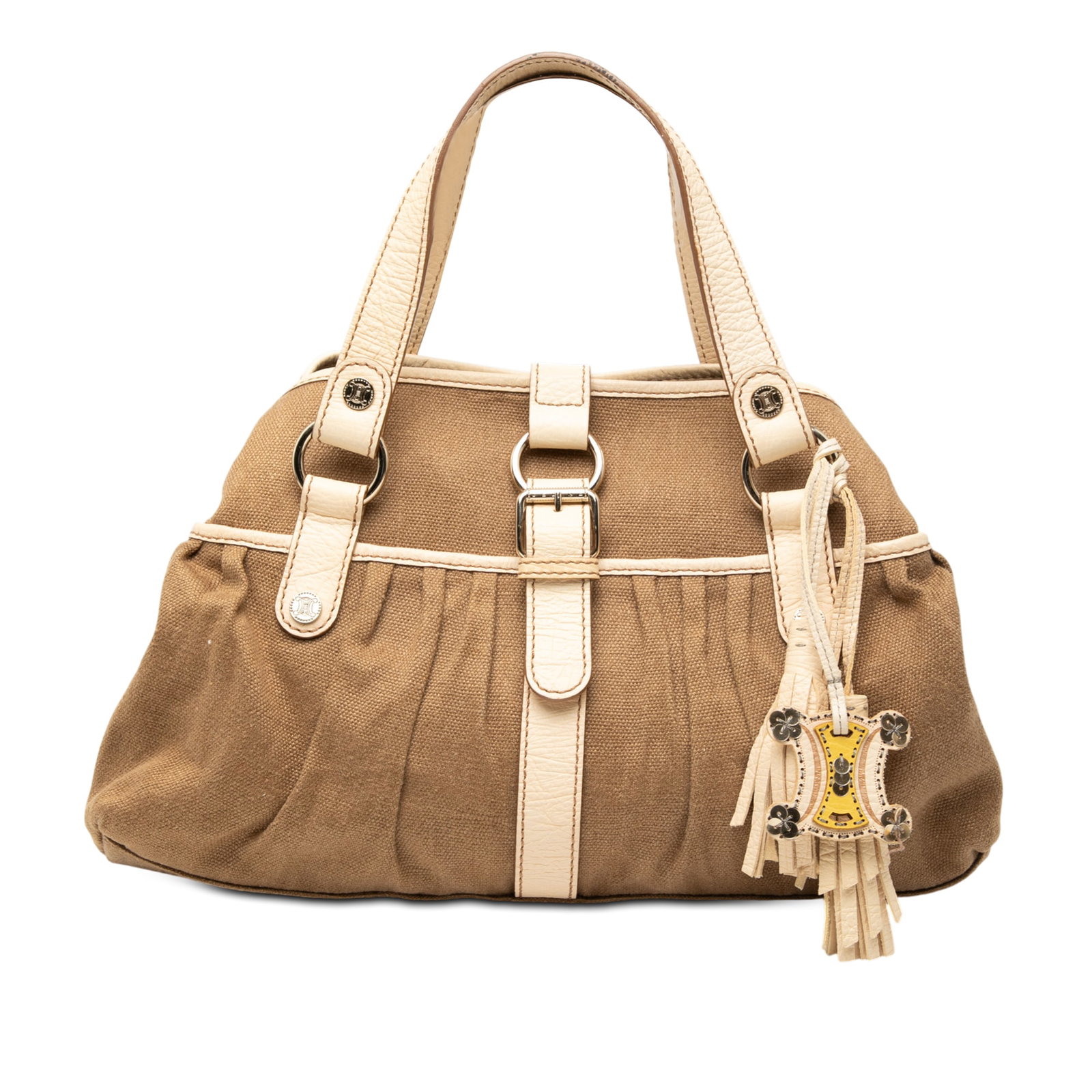 Celine Boogie Tassel Tote Bag in Canvas with Leather Trim: Celine Boogie Tassel Tote Bag in Canvas with Leather Trim This Celine Canvas Boogie Tassel Tote features a brown canvas body with leather trim, flat leather handles, an open top with a lobster clasp c