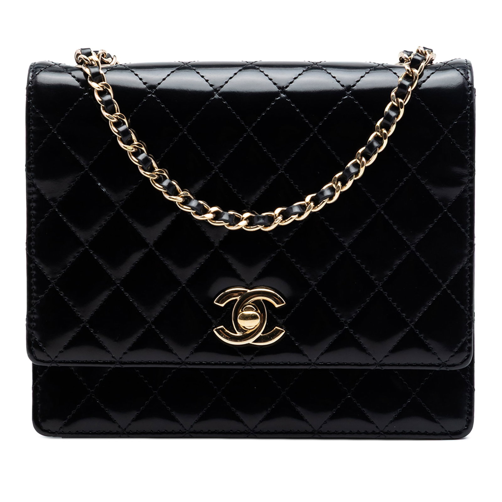Chanel CC Square Flap Crossbody in Black Quilted Patent Leather: Chanel CC Square Flap Crossbody in Black Quilted Patent Leather Black Chanel crossbody bag in quilted patent leather with a leather-woven chain strap, front flap with turn-lock closure, and an interio