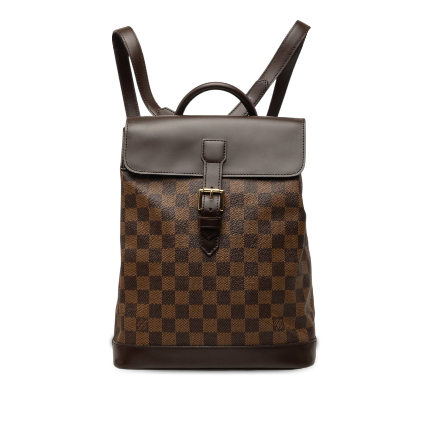 Louis Vuitton Damier Ebene Soho backpack brown canvas: Louis Vuitton Damier Ebene Soho backpack brown canvas A Louis Vuitton Damier Ebene Soho backpack in brown with a structured silhouette and classic flap-front design. It features a damier ebene canvas 