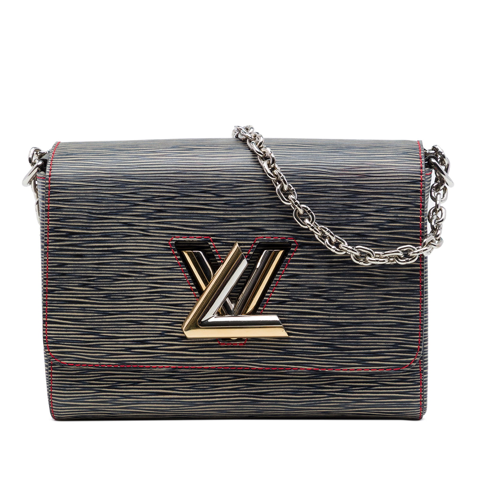 Louis Vuitton Twist MM Blue Epi Leather Shoulder Bag: Louis Vuitton Twist MM Blue Epi Leather Shoulder Bag Louis Vuitton Twist MM shoulder bag in blue Epi leather with a silver-tone curb chain strap and leather shoulder guard. The design features a front