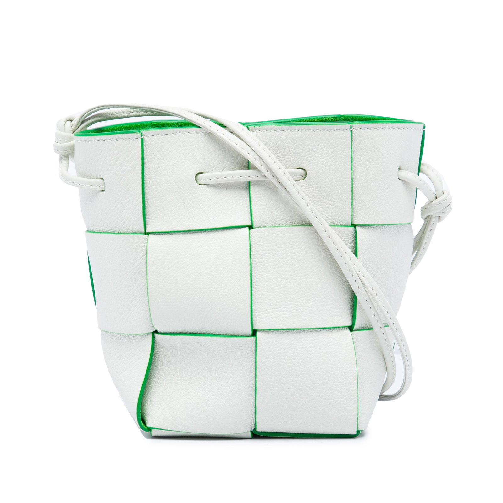 Bottega Veneta Cassette Mini Bucket Bag in White Nappa Leather: Bottega Veneta Cassette Mini Bucket Bag in White Nappa Leather Bottega Veneta Mini Nappa Maxi Intrecciato Cassette Bucket Bag crafted in woven nappa leather with rolled leather shoulder straps and a d