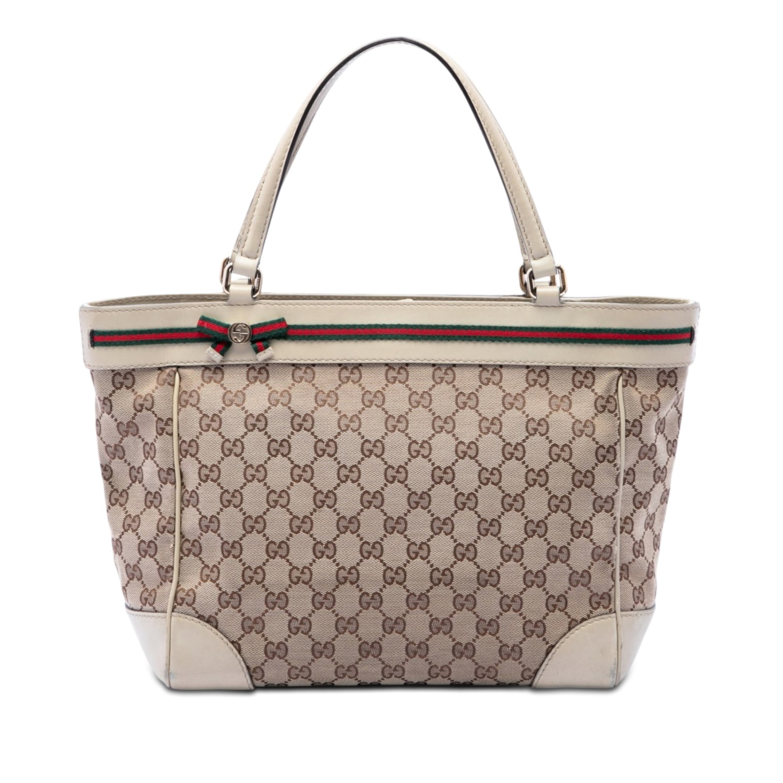 Gucci Mayfair Tote in Beige GG Canvas with Web Stripe: Gucci Mayfair Tote in Beige GG Canvas with Web Stripe Gucci Mayfair tote crafted with a beige GG canvas body and leather trim. It features flat leather straps, an open top with magnetic snap closure, 