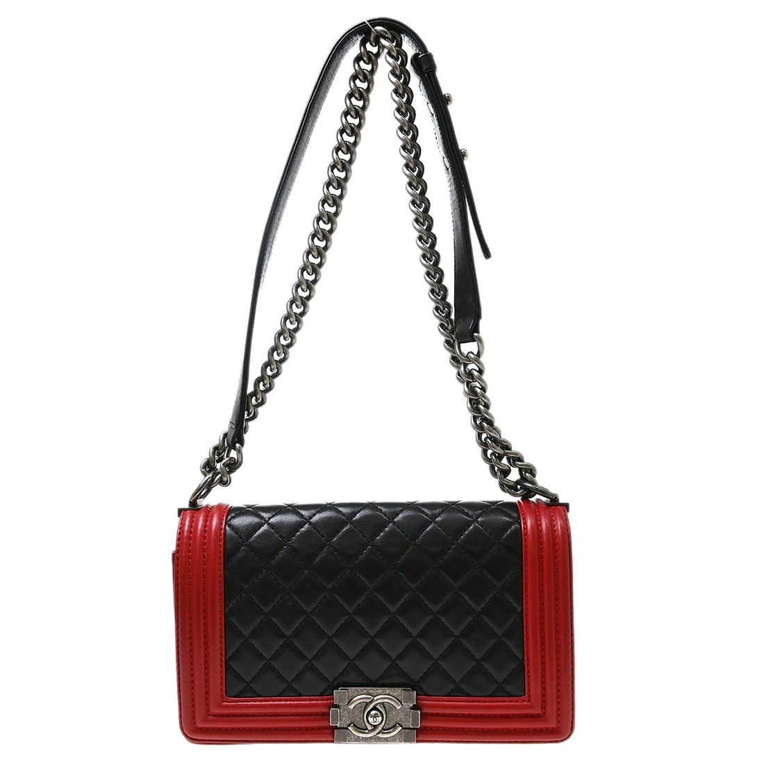CHANEL Boy Medium Shoulder Bag Black Lambskin Chain Strap: CHANEL Boy Medium Shoulder Bag Black Lambskin Chain Strap Vintage Chanel Boy Medium shoulder bag in black lambskin with silver-tone hardware, a push-lock closure, and quilted lock accents. The bag fea