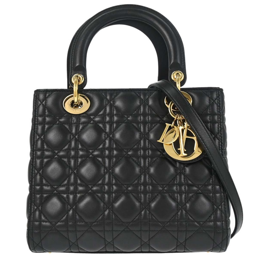 Dior Lady Dior Cannage Lambskin Satchel with Shoulder Strap: Dior Lady Dior Cannage Lambskin Satchel with Shoulder Strap Christian Dior Lady Dior Cannage 2-way handbag in black lambskin with quilted detailing and a red canvas lining. This satchel-style top hand