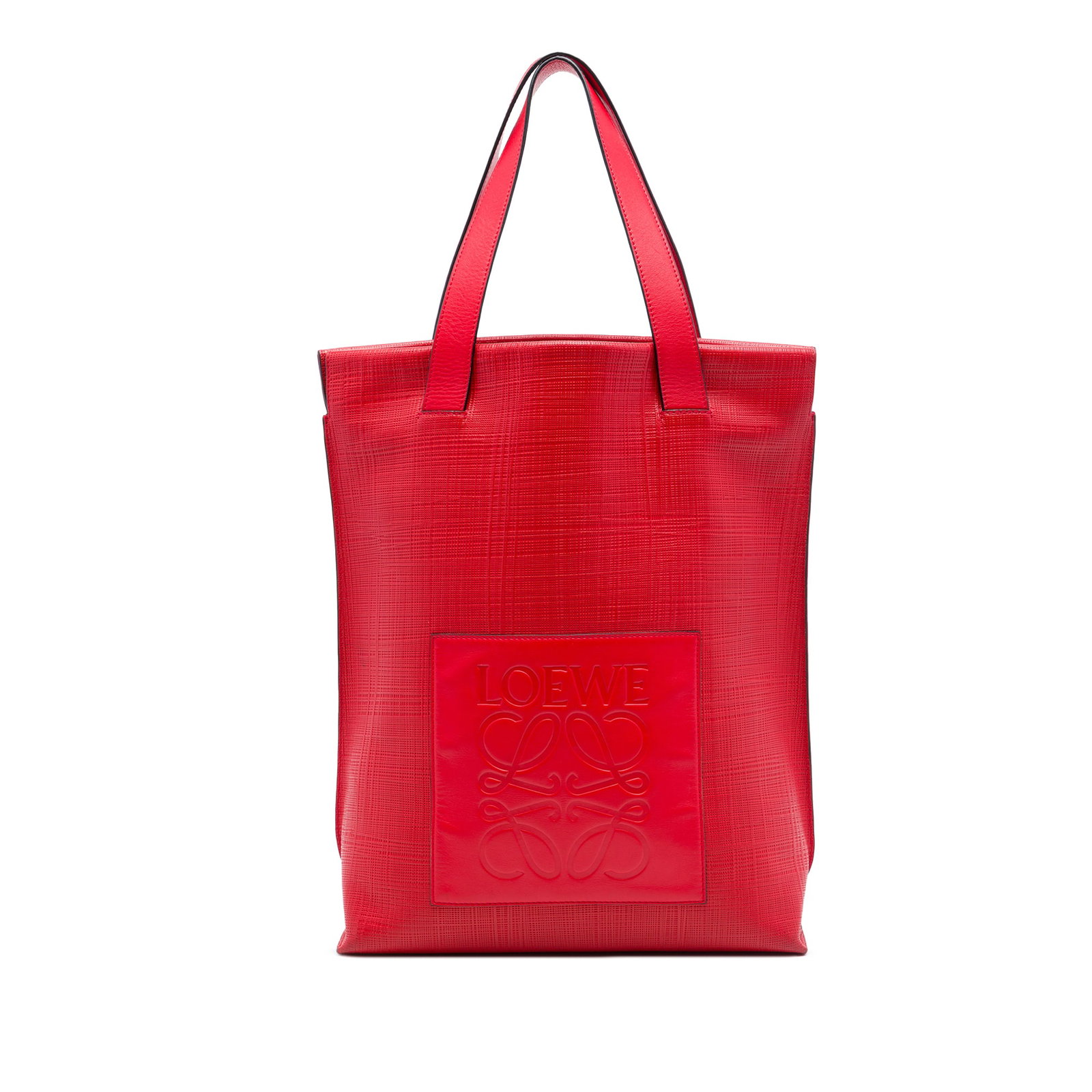 LOEWE Anagram red leather shopper tote bag: LOEWE Anagram red leather shopper tote bag A LOEWE Anagram shopper tote crafted in red leather with a spacious everyday silhouette. It features flat leather straps, a top zip closure, and an interior 