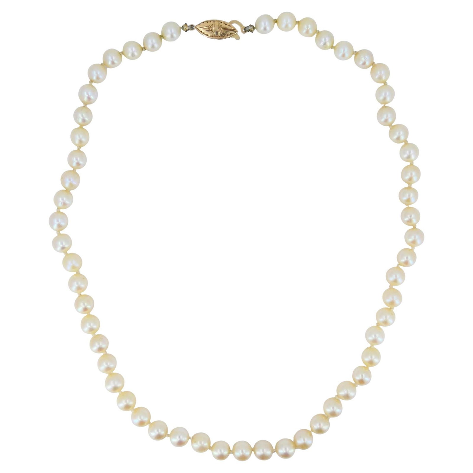 South Sea Cultured Pearl Strand Necklace in 14k Yellow Gold 16 in: South Sea Cultured Pearl Strand Necklace in 14k Yellow Gold 16 in Vintage necklace crafted in 14k yellow gold with cultured South Sea pearls. The strand features individually knotted pearls and is sec