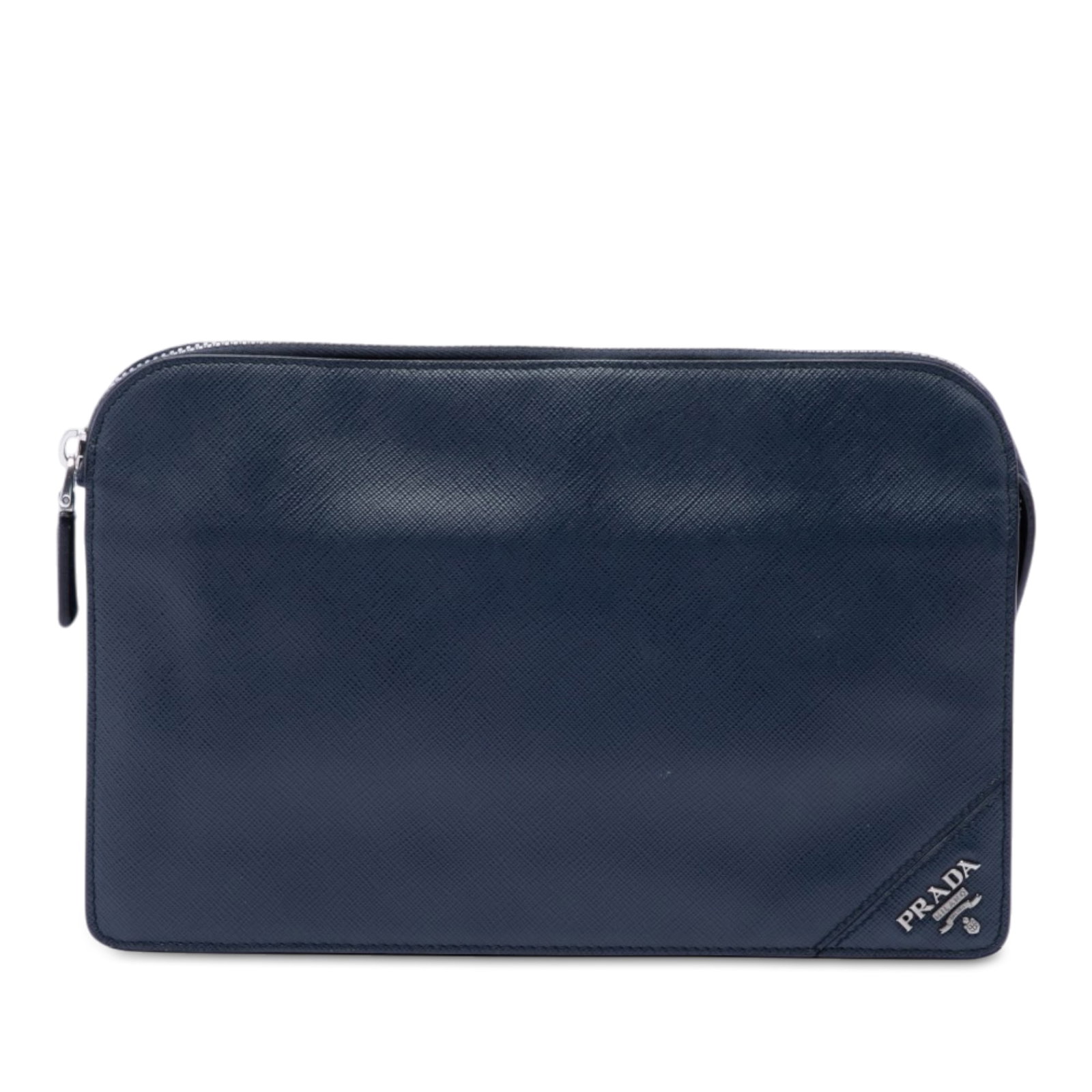 Prada Saffiano Leather Zip Clutch Bag Blue: Prada Saffiano Leather Zip Clutch Bag Blue Prada Saffiano clutch in blue leather with a flat back handle, top zip closure, and interior zip and slip pockets. Made in Italy. Condition is B+ with visibl