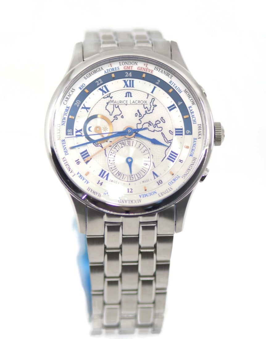 Maurice Lacroix Masterpiece Worldtimer Stainless Steel Watch MP6008 with Box and Papers: Maurice Lacroix Masterpiece Worldtimer Stainless Steel Watch MP6008 with Box and Papers Experience global timekeeping with the Maurice Lacroix Masterpiece Worldtimer, a sophisticated wristwatch crafte