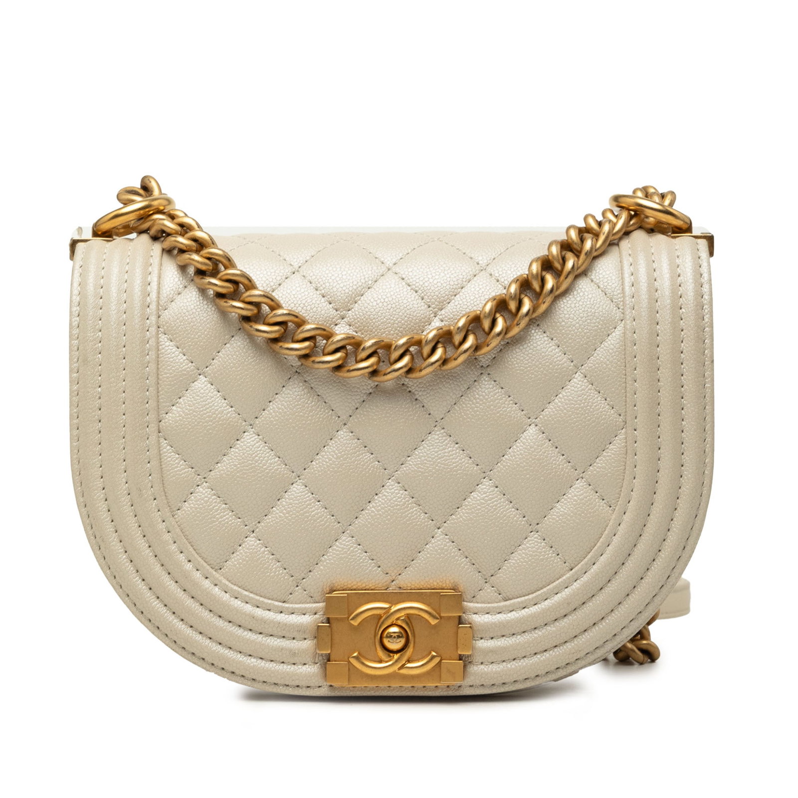 Chanel Boy Messenger Crossbody Bag Small Quilted Caviar Leather White: Chanel Boy Messenger Crossbody Bag Small Quilted Caviar Leather White Small Chanel Boy messenger bag crafted in white quilted caviar leather with a curb chain and leather crossbody strap. The design f