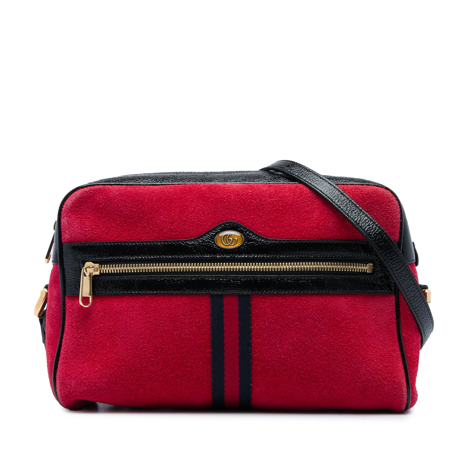 Gucci Ophidia Crossbody Bag Red Suede Leather Trim: Gucci Ophidia Crossbody Bag Red Suede Leather Trim Gucci Ophidia crossbody bag crafted with a suede body and patent leather trim. It features an adjustable flat patent leather strap, a top zip closure
