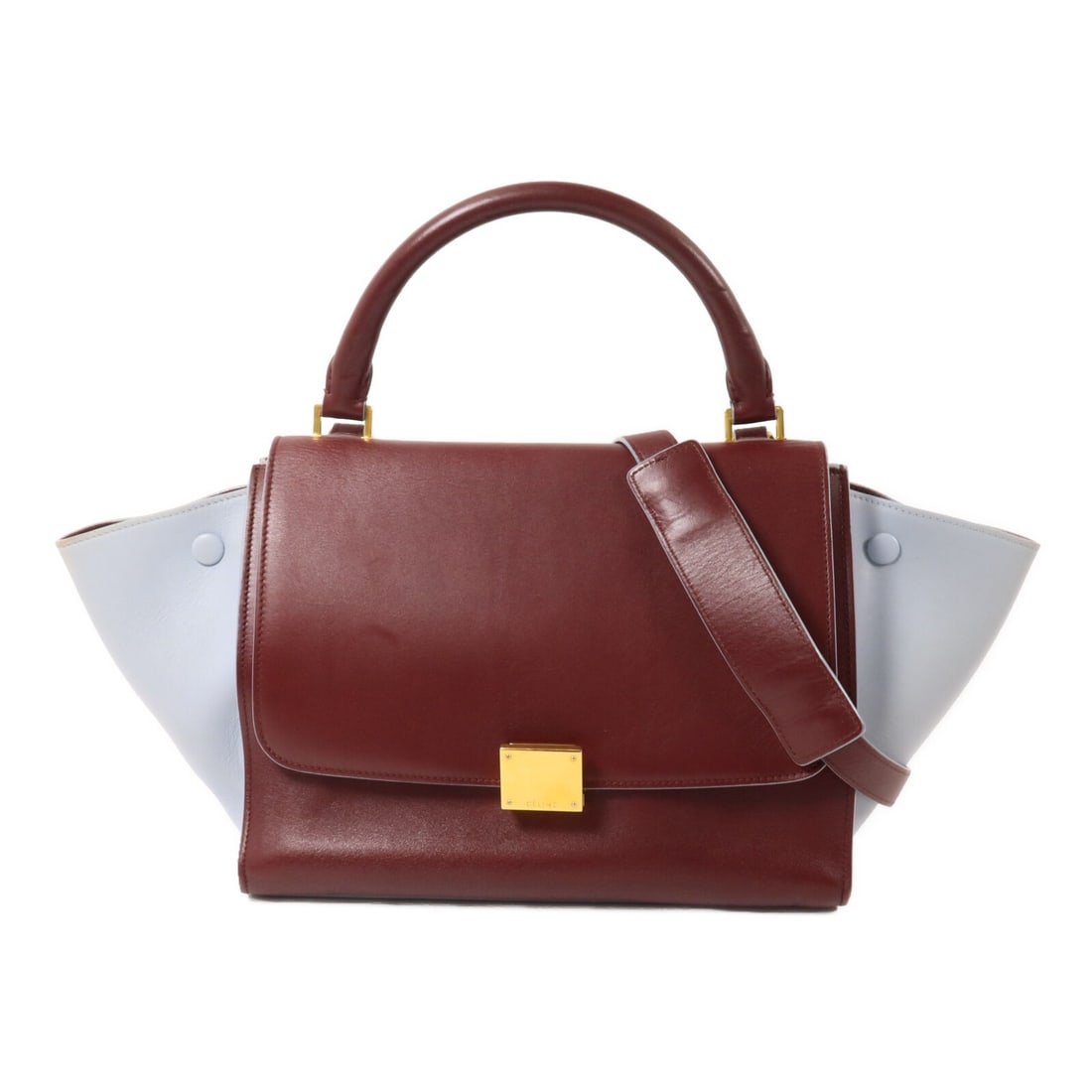 CELINE Trapeze Small 2way Shoulder Bag Calfskin Burgundy Light Blue: CELINE Trapeze Small 2way Shoulder Bag Calfskin Burgundy Light Blue Celine Trapeze Small 2-way shoulder bag in calfskin leather with a burgundy and light blue color combination. This women's bag featu