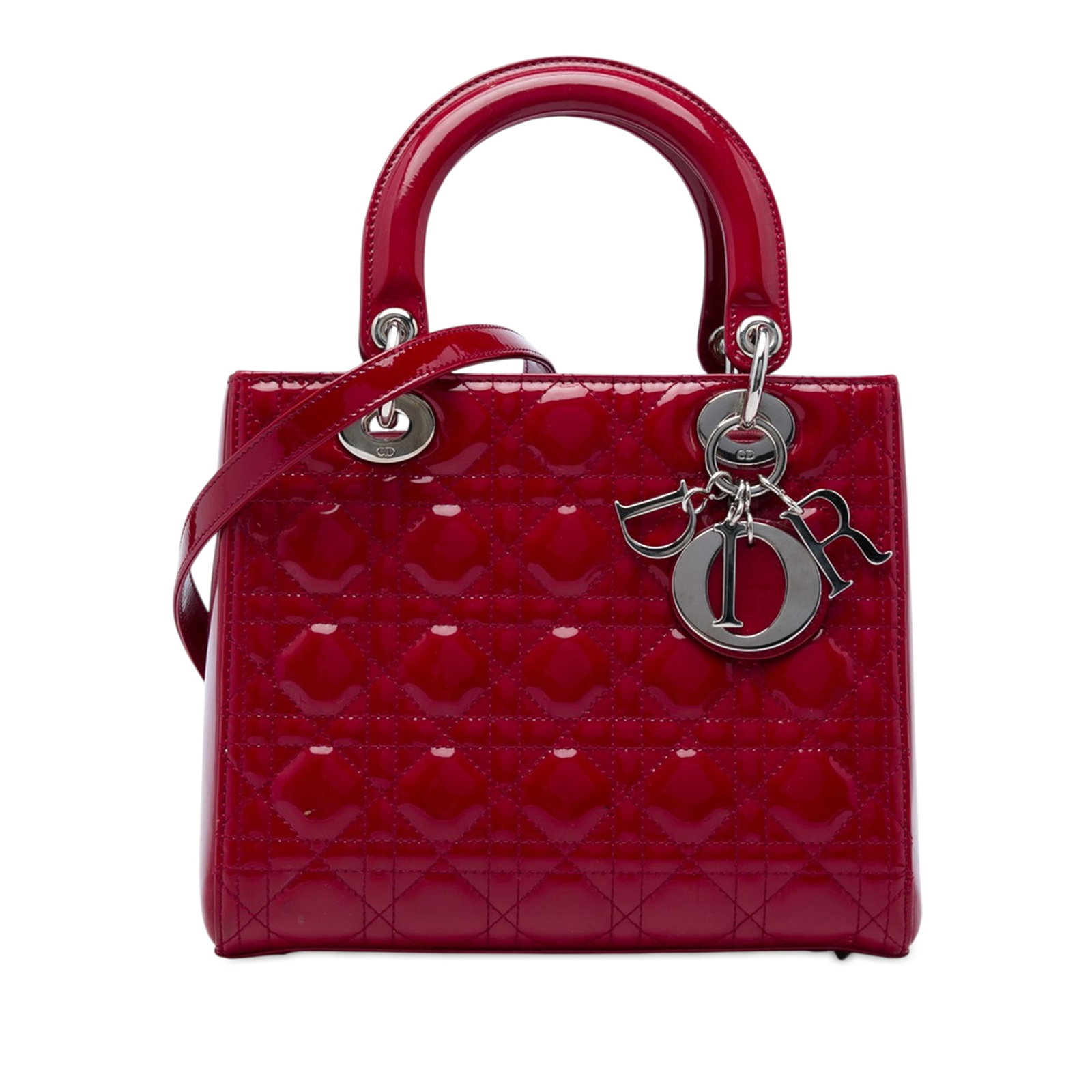 Dior Lady Dior Medium Cannage Patent Leather Bag Red: Dior Lady Dior Medium Cannage Patent Leather Bag Red A medium Lady Dior handbag in red patent leather with the signature Cannage quilted design. It features flat top handles, a detachable flat leather