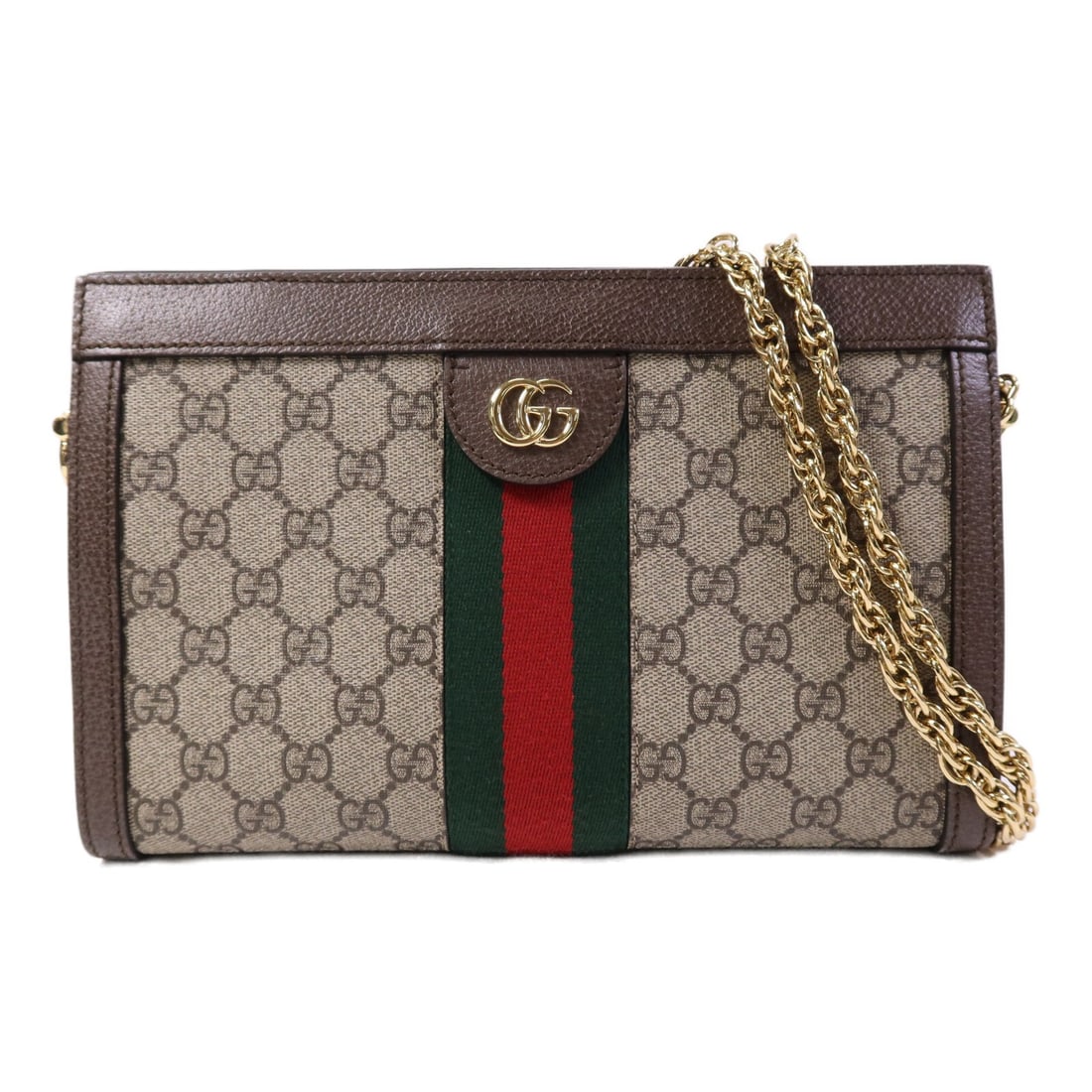 Gucci Ophldia GG Chain Shoulder Bag Brown Coated Canvas: Gucci Ophldia GG Chain Shoulder Bag Brown Coated Canvas Gucci Ophidia GG chain shoulder bag in brown PVC coated canvas with the GG pattern and chain shoulder strap. Made in Italy, this women's shoulde