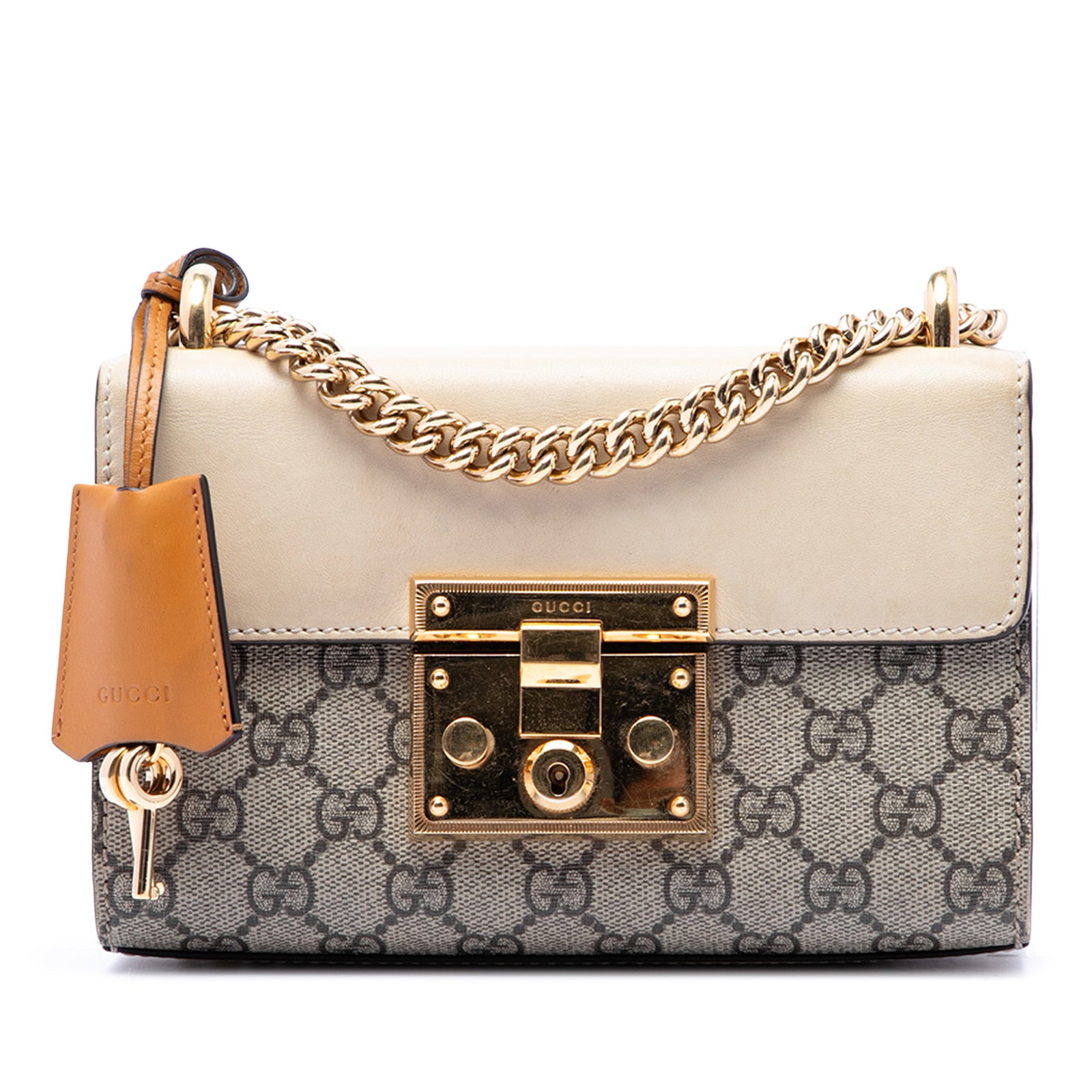 Gucci Padlock Small GG Supreme Crossbody Bag Beige: Gucci Padlock Small GG Supreme Crossbody Bag Beige Gucci Small GG Supreme Padlock Crossbody bag crafted with a coated canvas and leather body. It features a gold-tone curb chain strap, a front flap wi
