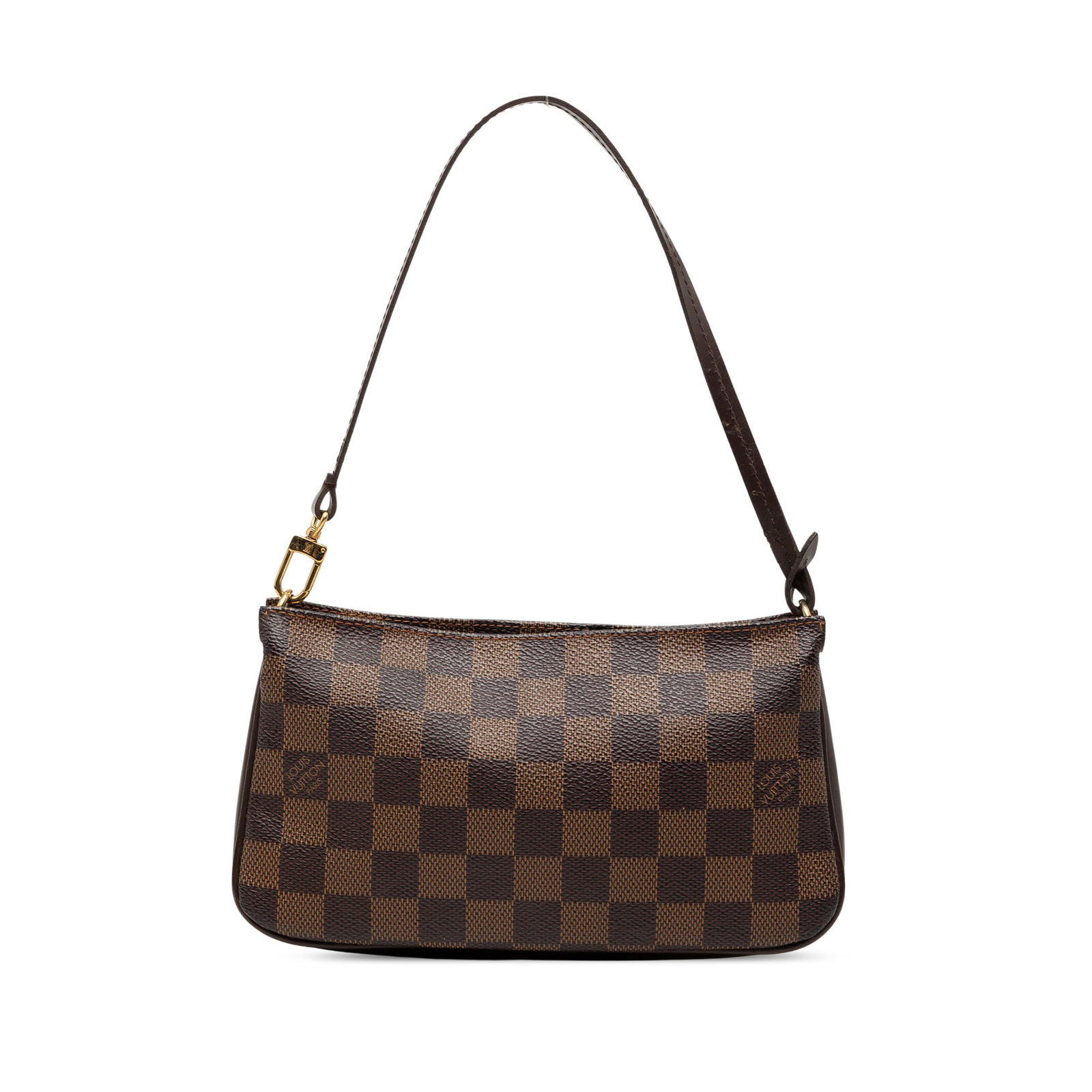Louis Vuitton Navona Damier Ebene brown shoulder bag: Louis Vuitton Navona Damier Ebene brown shoulder bag Louis Vuitton Damier Ebene Navona bag with a damier ebene canvas body, flat leather handle, and top zip closure. This piece shows visible wear and 