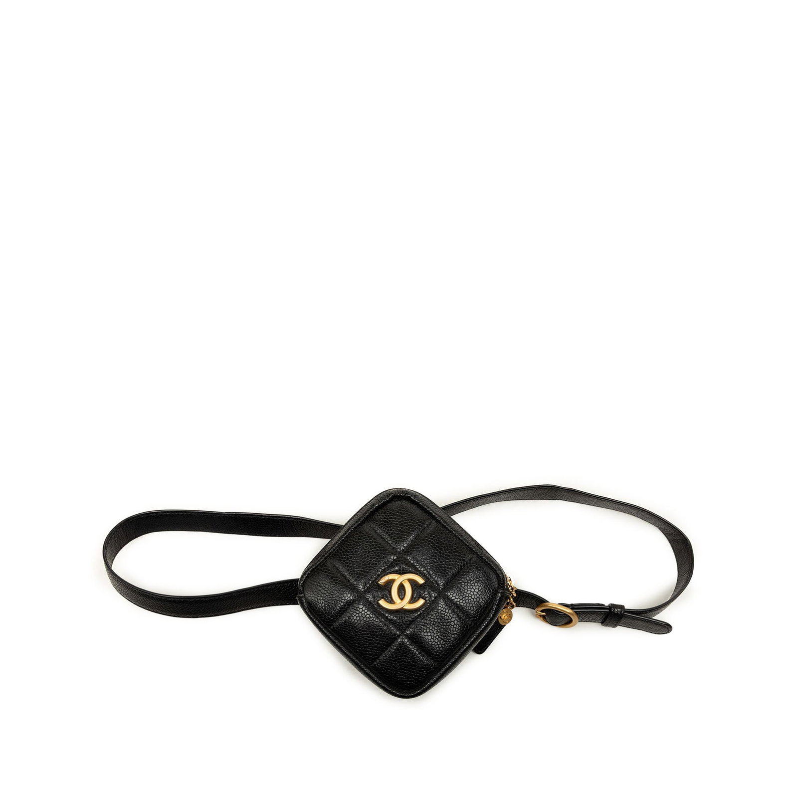 Chanel CC Coin Purse Belt Bag in Black Quilted Caviar Leather: Chanel CC Coin Purse Belt Bag in Black Quilted Caviar Leather A Chanel CC Quilted Caviar Diamond Coin Purse Belt Bag in black leather with a quilted caviar leather body, detachable and adjustable flat