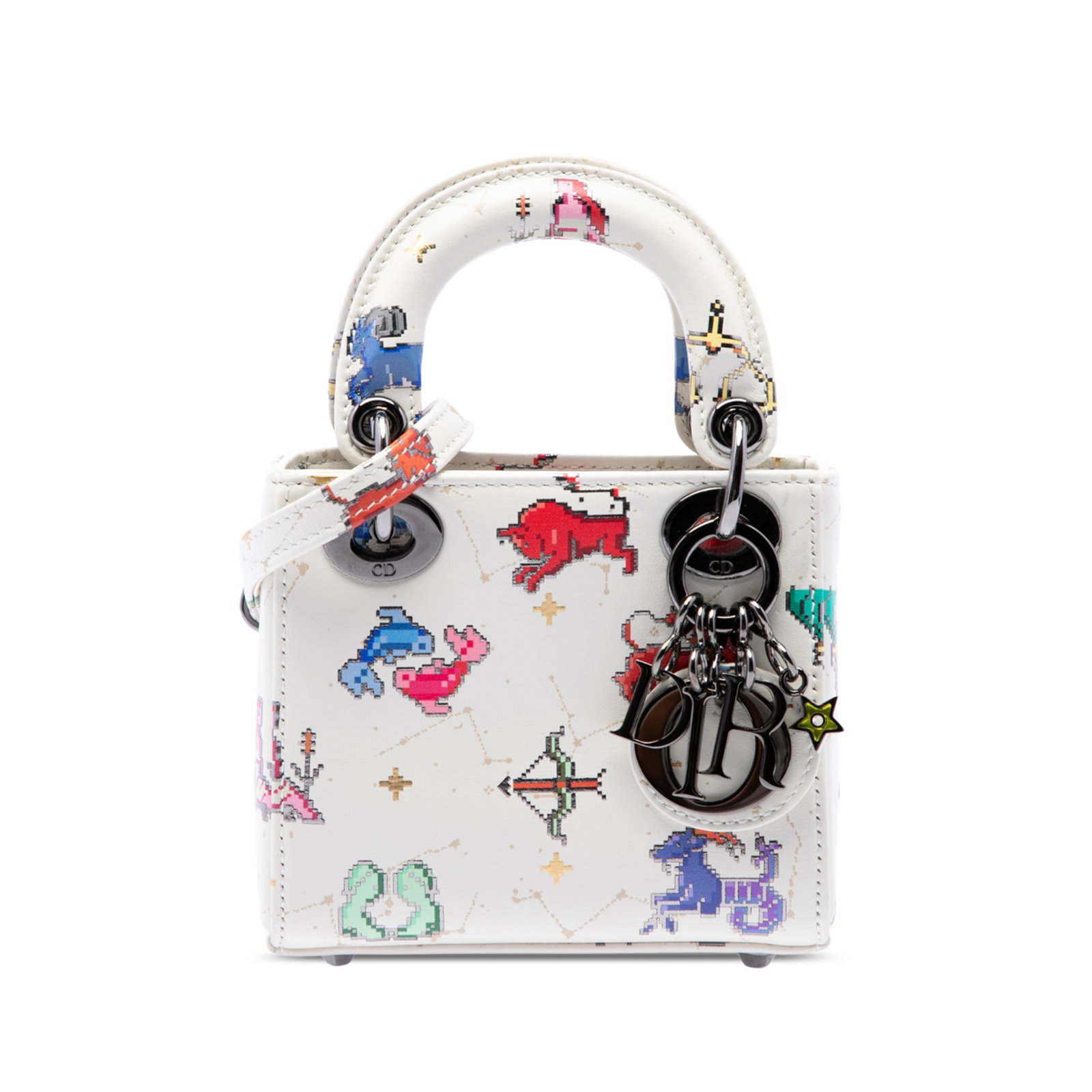 Dior Lady Dior Micro Pixel Zodiac Calfskin Bag: Dior Lady Dior Micro Pixel Zodiac Calfskin Bag A compact Lady Dior bag in white printed calfskin with the Pixel Zodiac design. It features flat leather top handles, an adjustable and detachable flat s